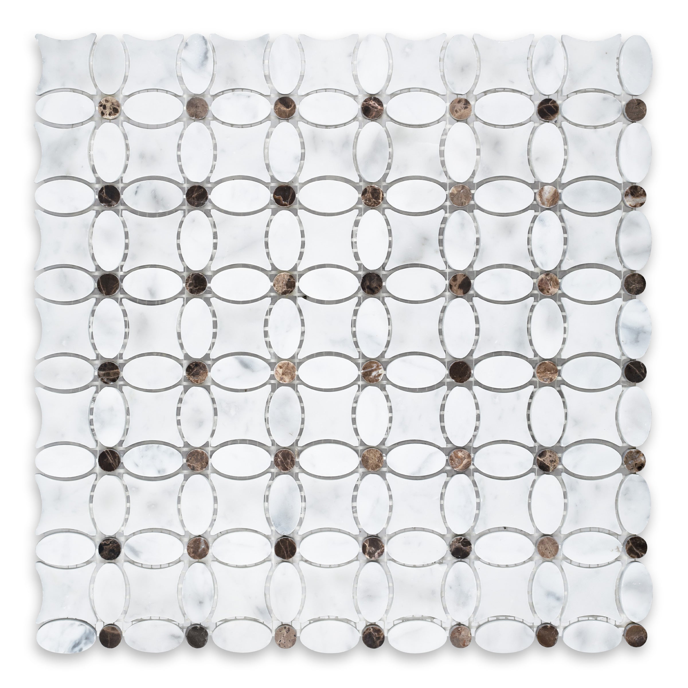 WHITE CARRARA: Brown Dot Flower Mosaic (13"×13"×3/8" | honed)