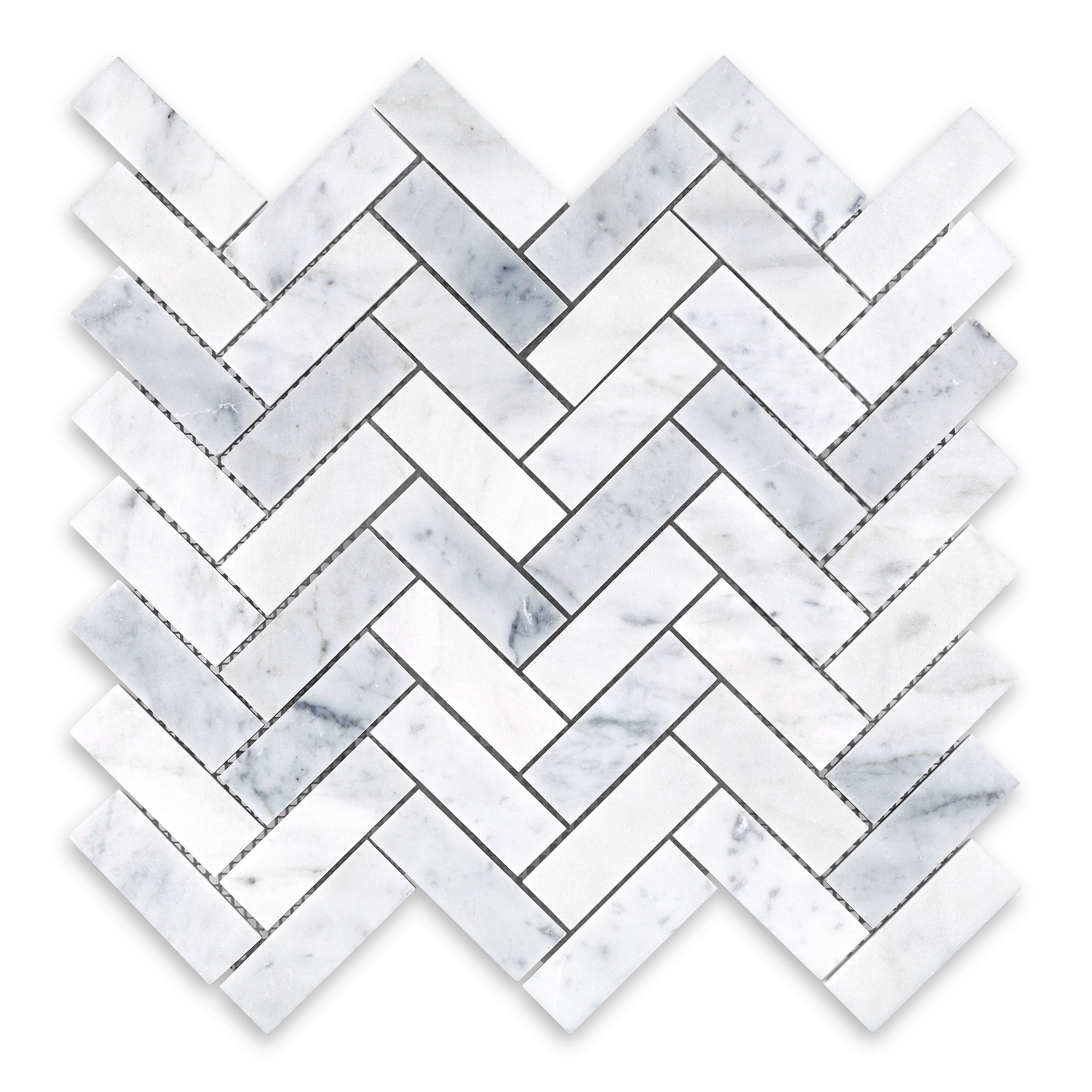 WHITE CARRARA: 1" x 3" Herringbone Mosaic (11 1/4"×12 3/4"×3/8" | polished)