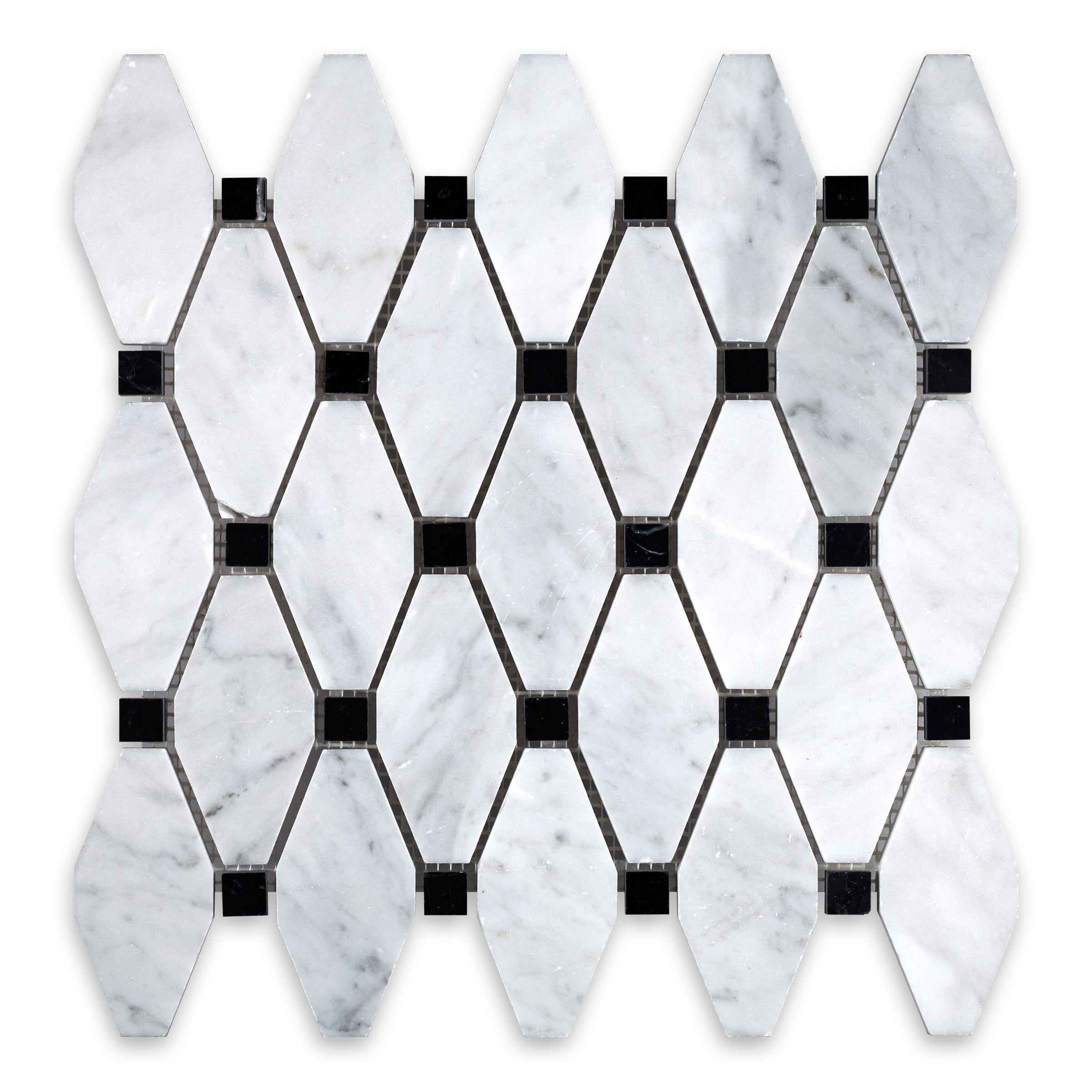WHITE CARRARA: Black Dot Clipped Diamond Mosaic (11 1/2"×12"×3/8" | honed)