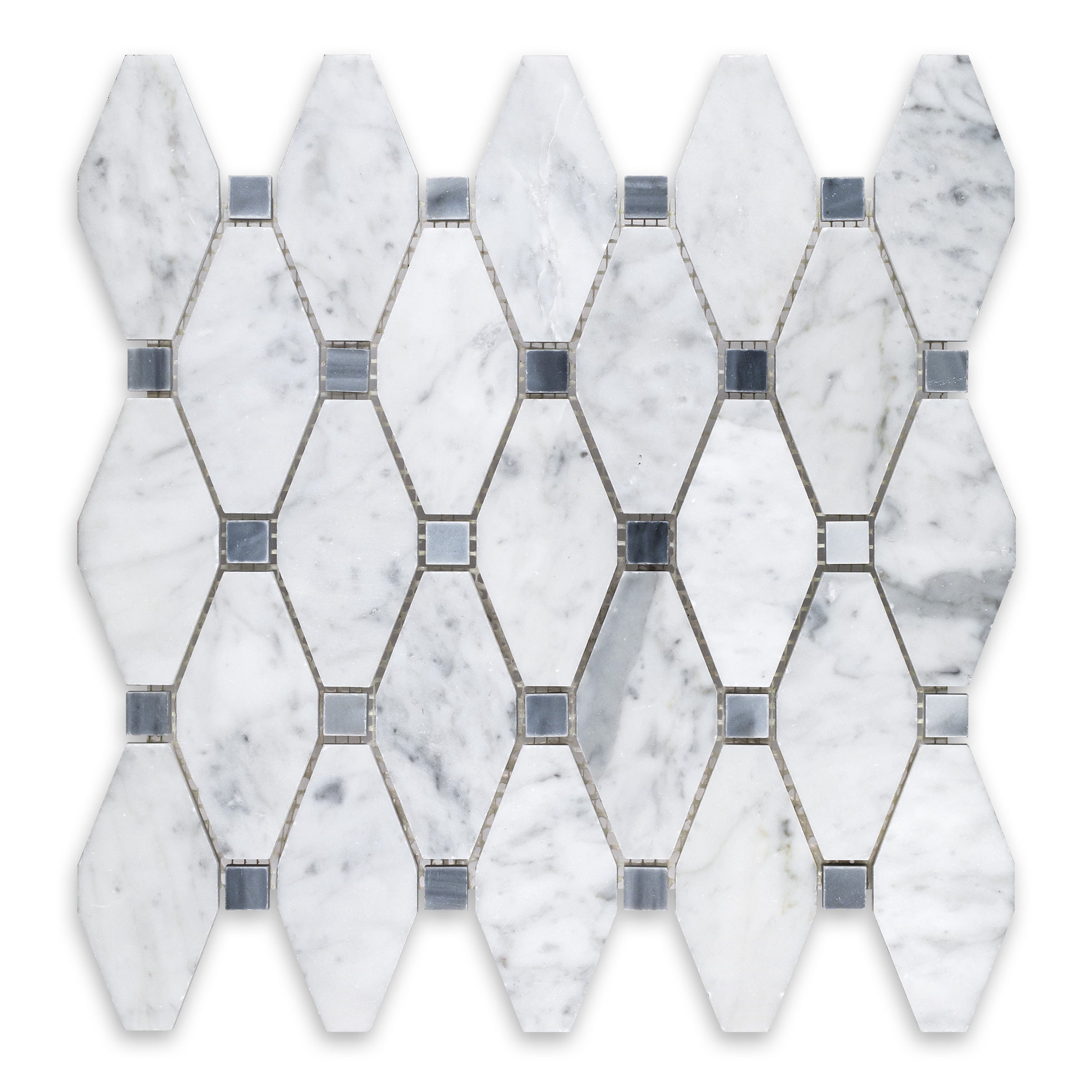 WHITE CARRARA: Blue Dot Clipped Diamond Mosaic (11 1/2"×12"×3/8" | honed)