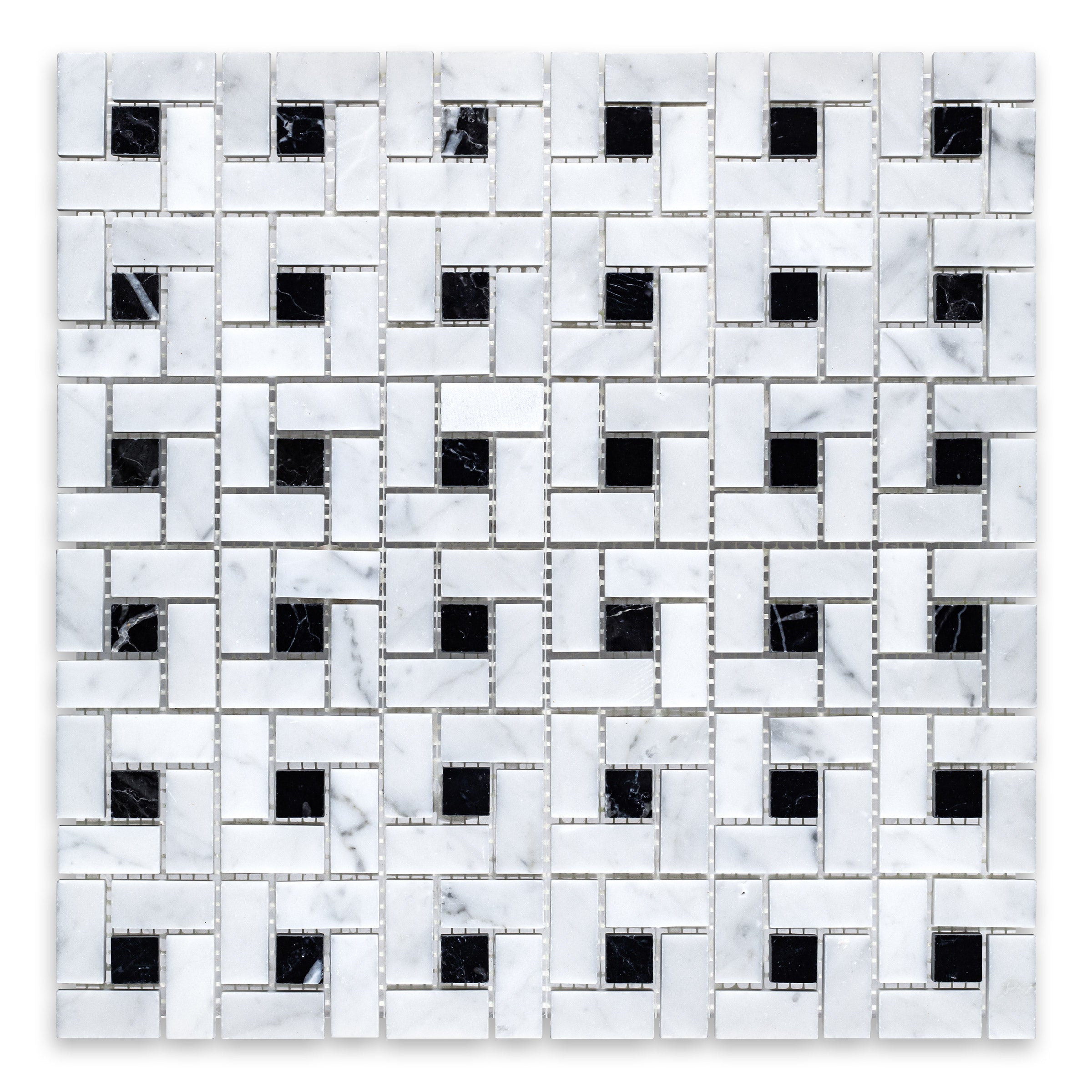 WHITE CARRARA: Black Dot Pinwheel Mosaic (12"×12"×3/8" | honed)