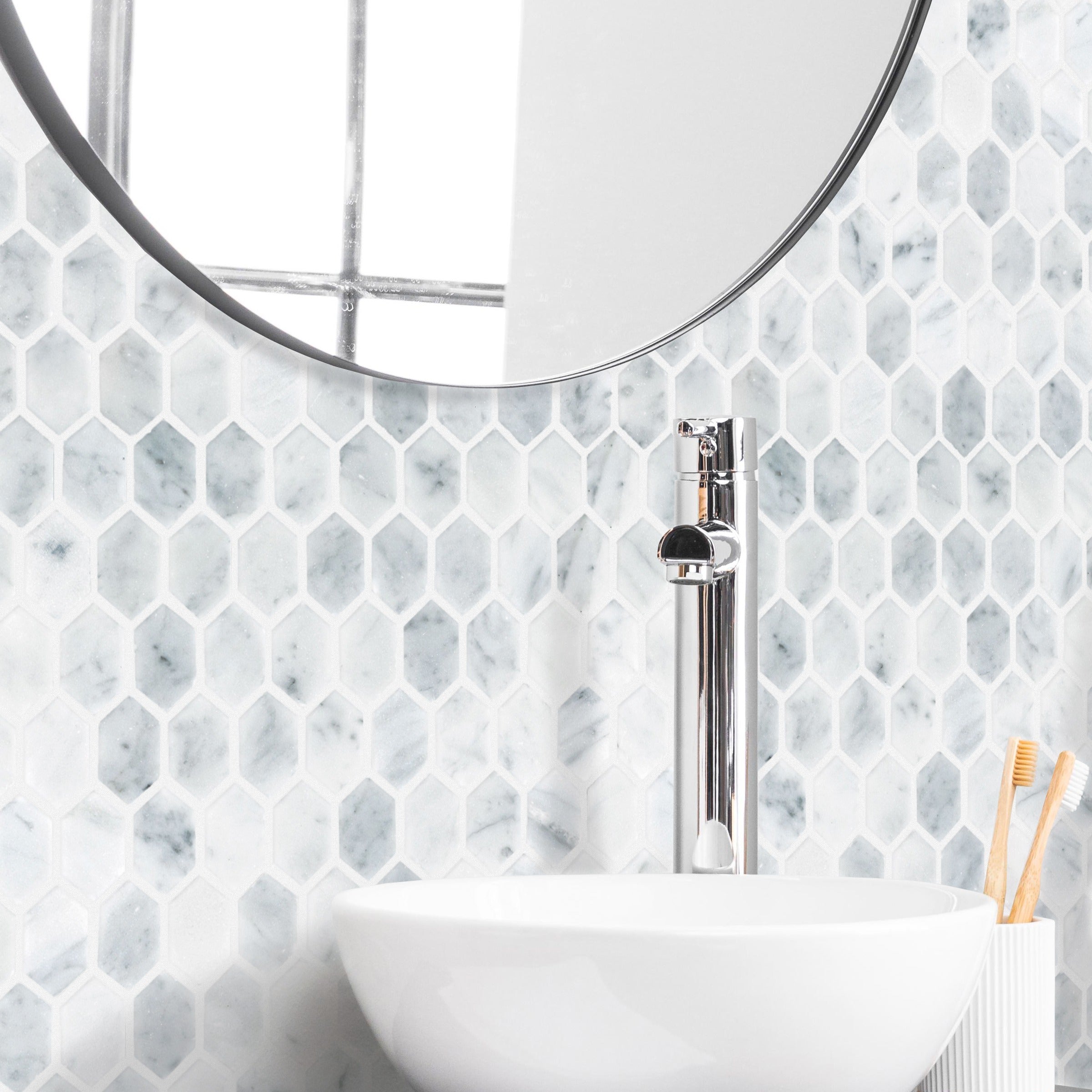 WHITE CARRARA: Hexagonal Mosaic (11"×11 3/4"×3/8" | polished)