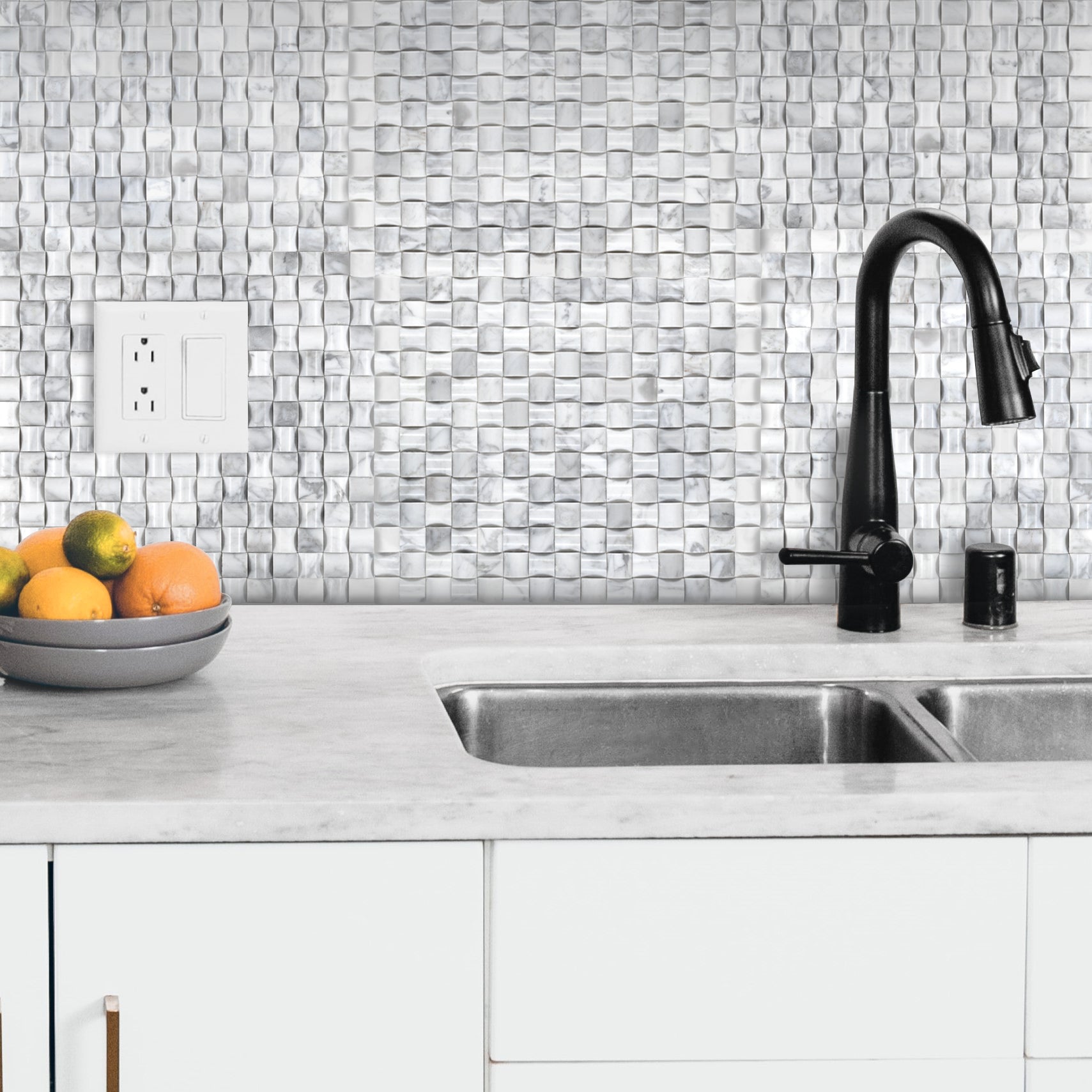 WHITE CARRARA: 3D Bread Basketweave Mosaic (12"×12"×3/8" | polished)
