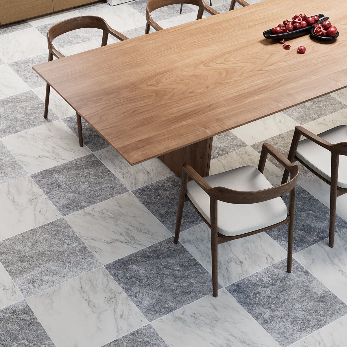 Checkerboard Patterns Multicolor checkerboard tile, lifestyle installation view. Premium marble for floors and walls.