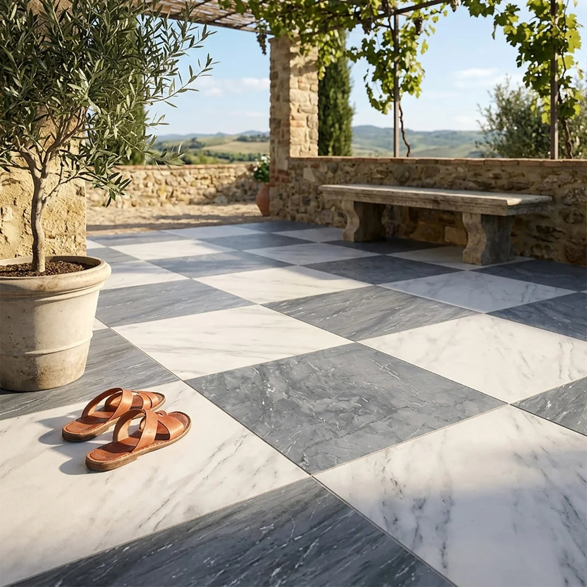Checkerboard Patterns White checkerboard tile, product image. Premium marble for floors and walls.