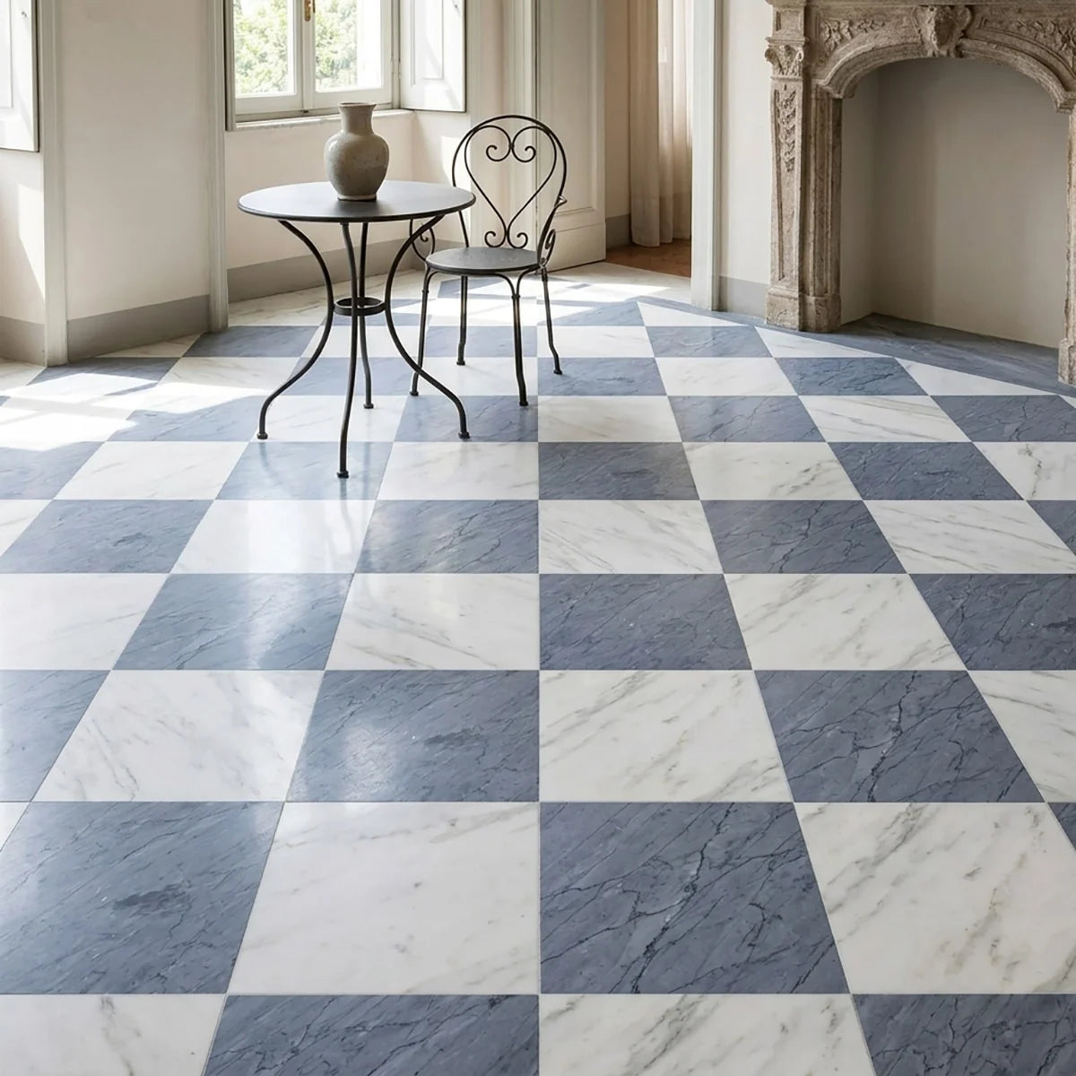Checkerboard Patterns White checkerboard tile, product image. Premium marble for floors and walls.