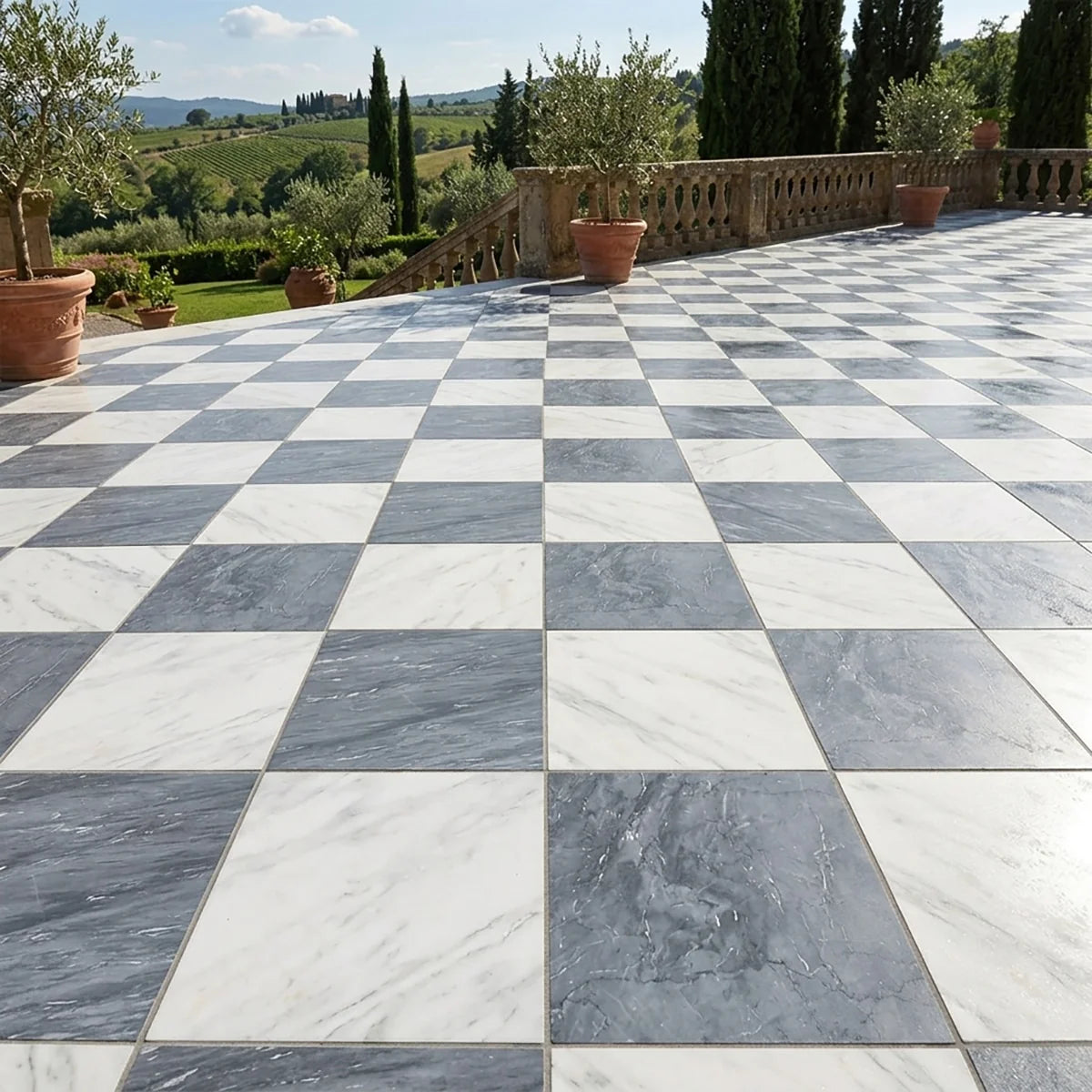 Checkerboard Patterns White checkerboard tile, product image. Premium marble for floors and walls.