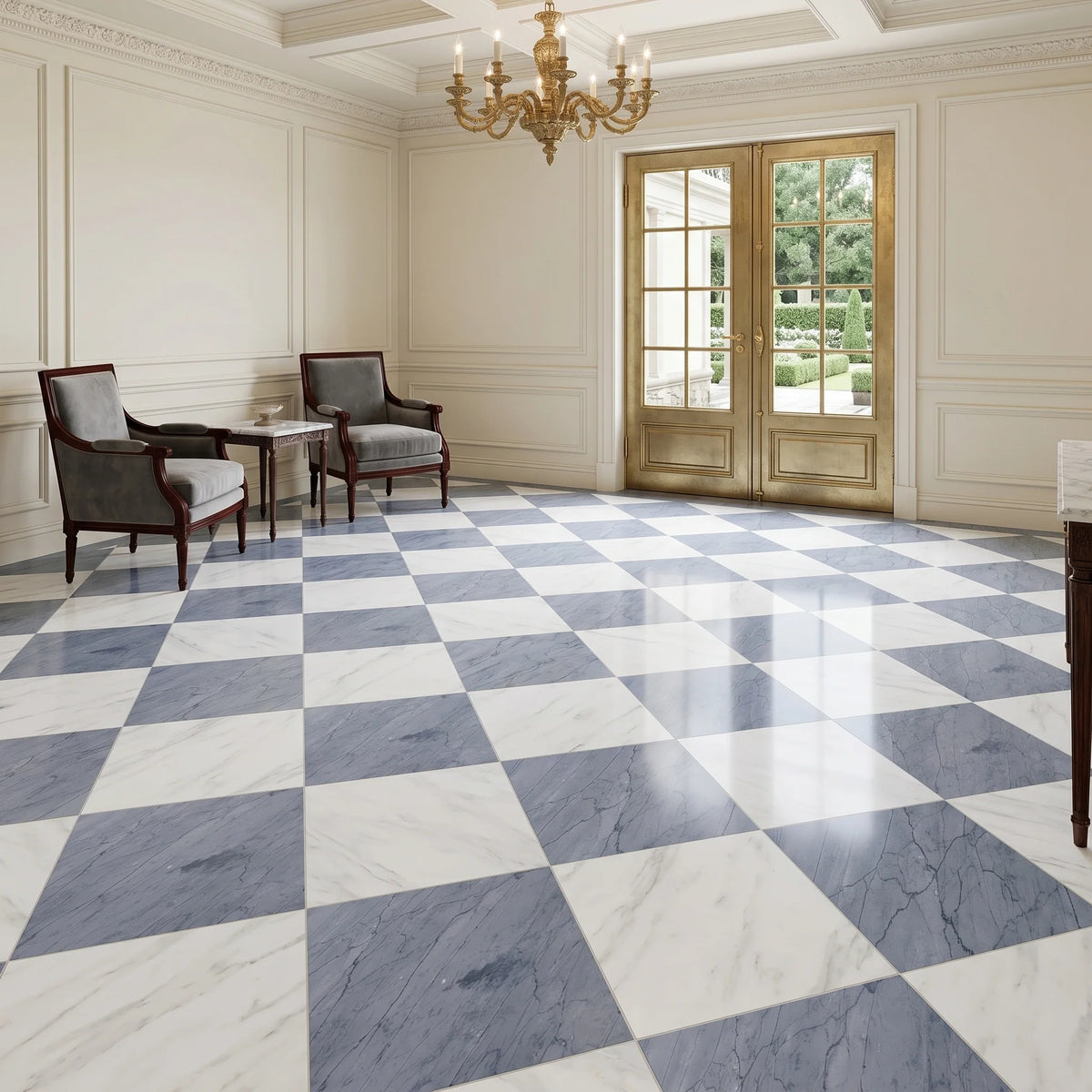 Checkerboard Patterns White checkerboard tile, product image. Premium marble for floors and walls.