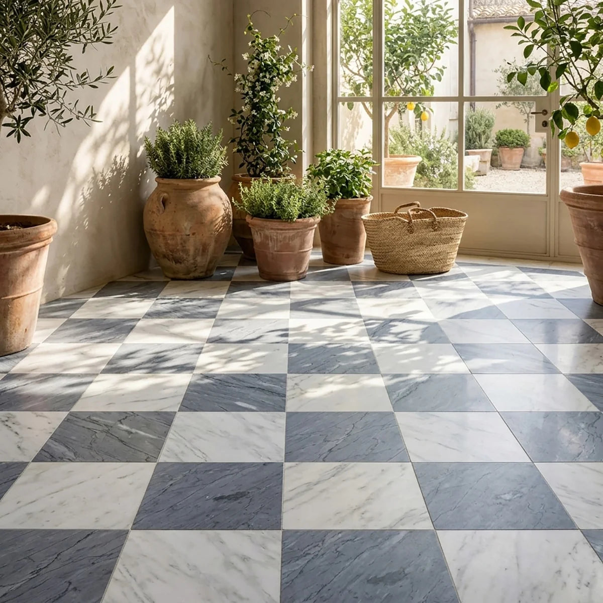 Checkerboard Patterns White checkerboard tile, product image. Premium marble for floors and walls.