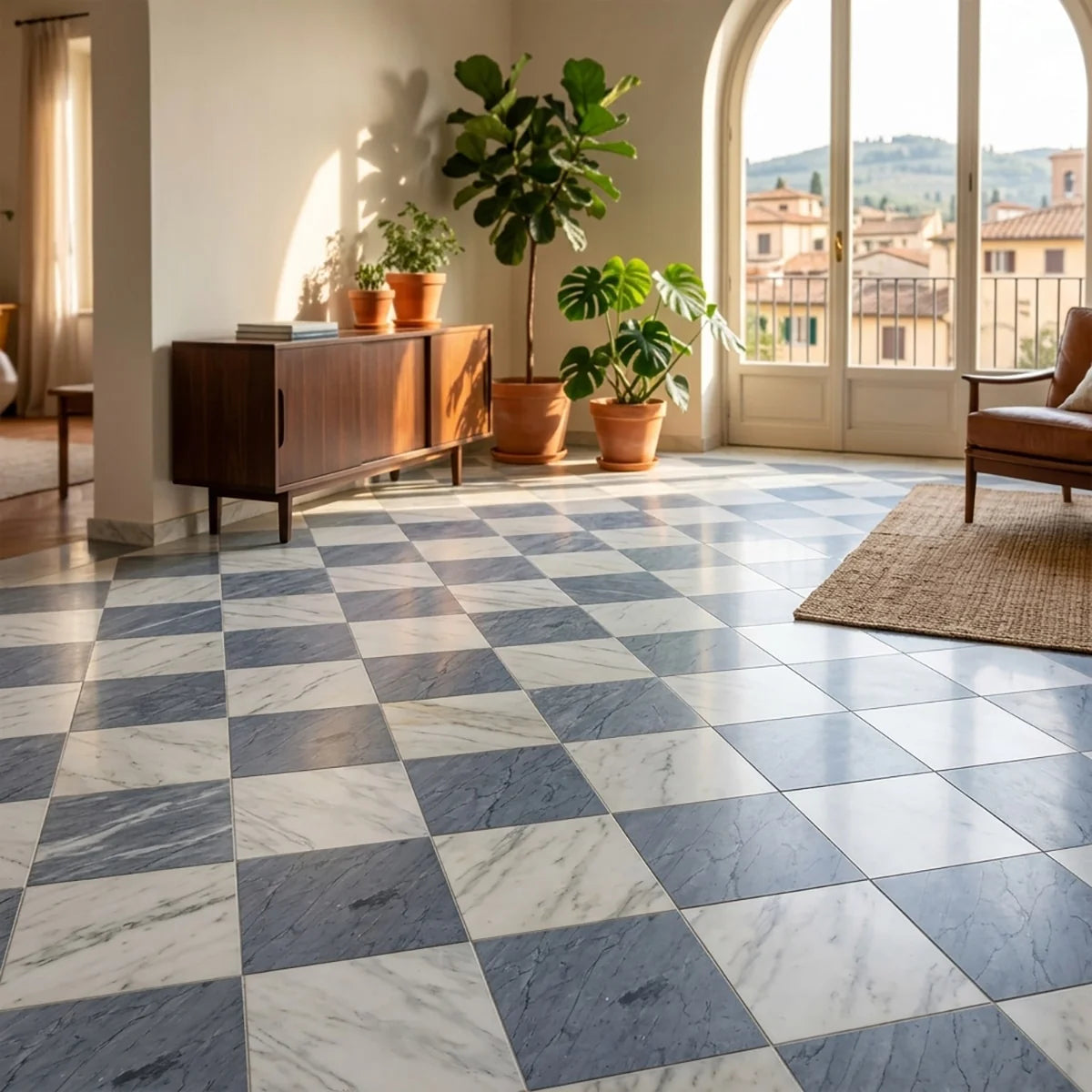 Checkerboard Patterns White checkerboard tile, product image. Premium marble for floors and walls.