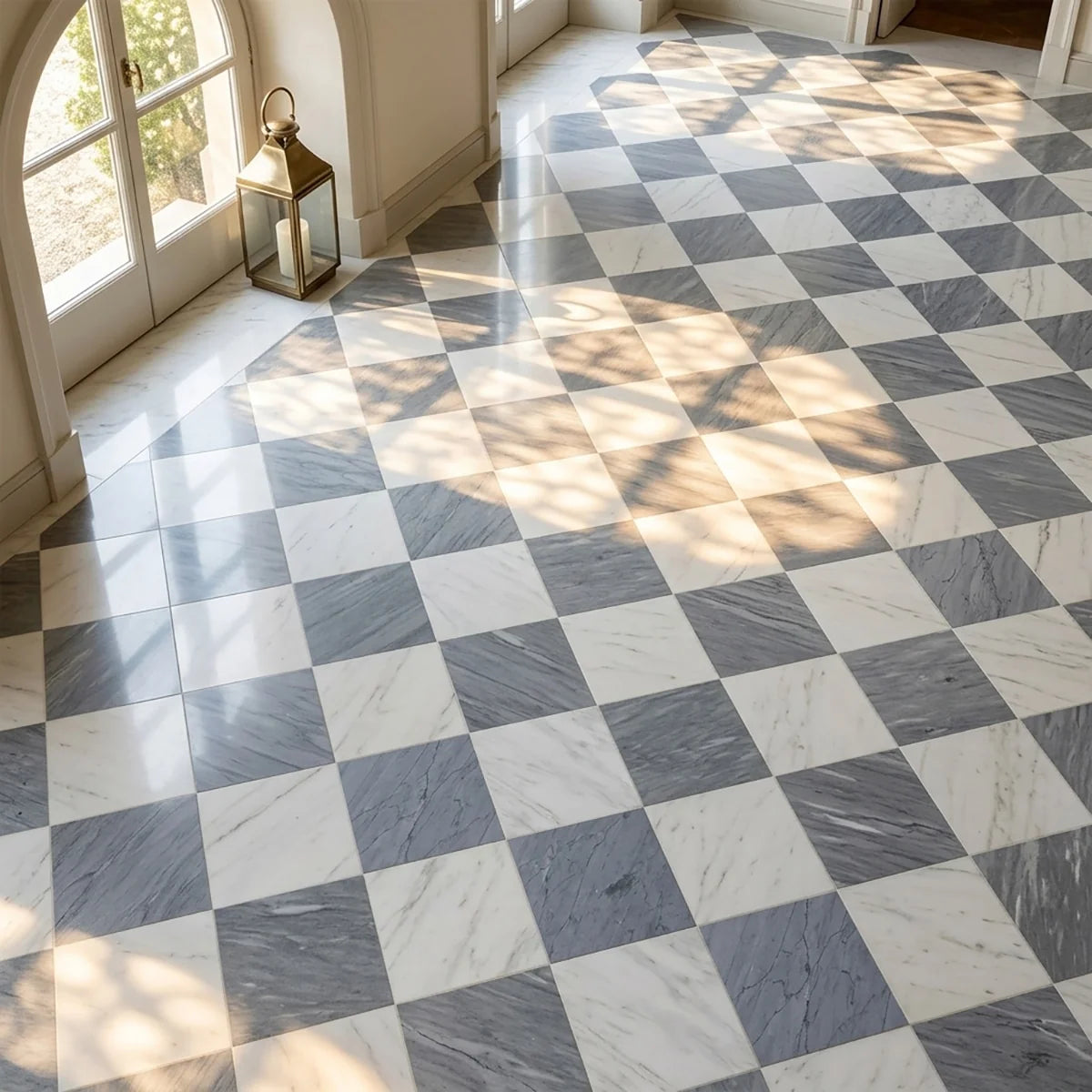Checkerboard Patterns White checkerboard tile, product image. Premium marble for floors and walls.