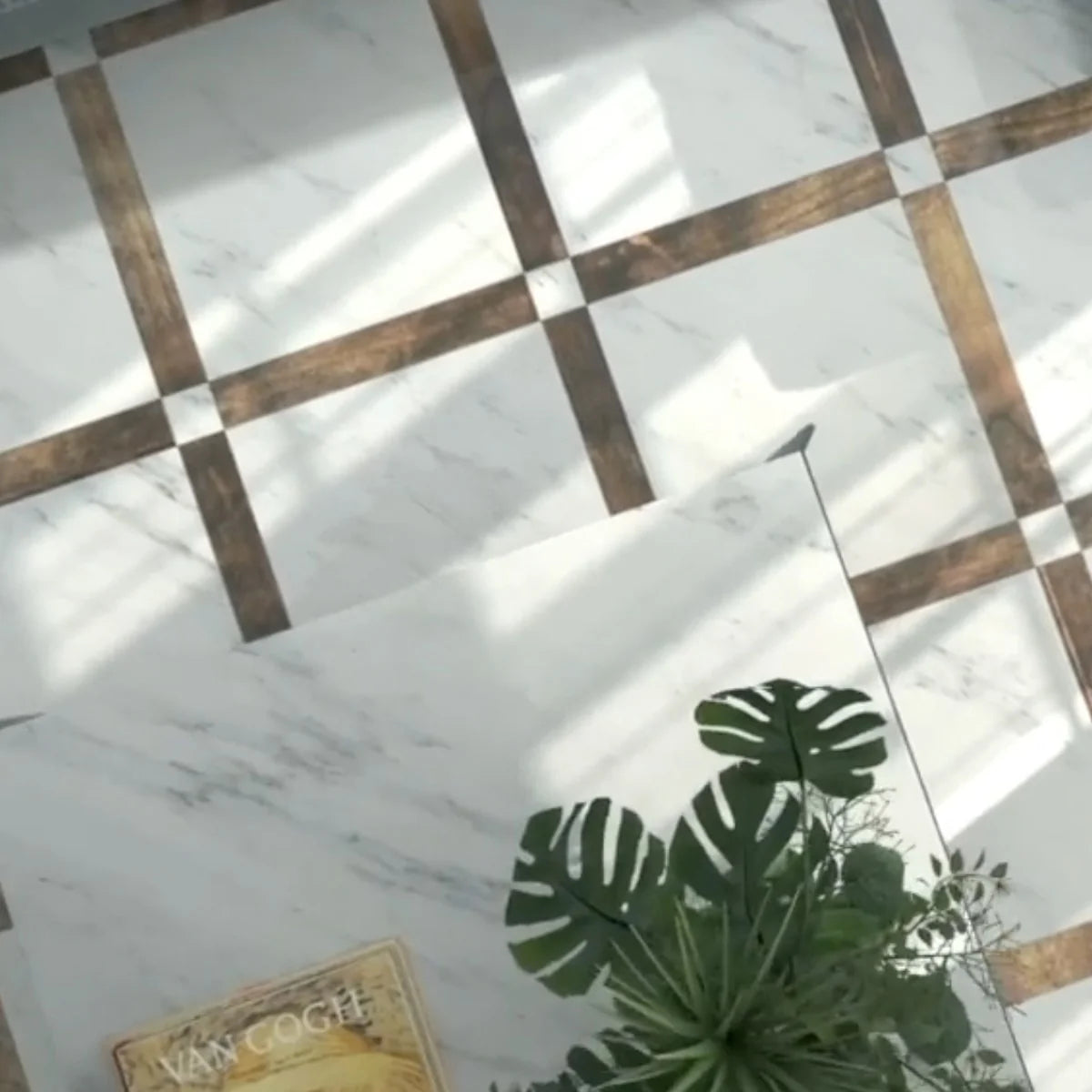 Essentials Natural Stone White field tile, lifestyle installation view 2. Premium marble for floors and walls.
