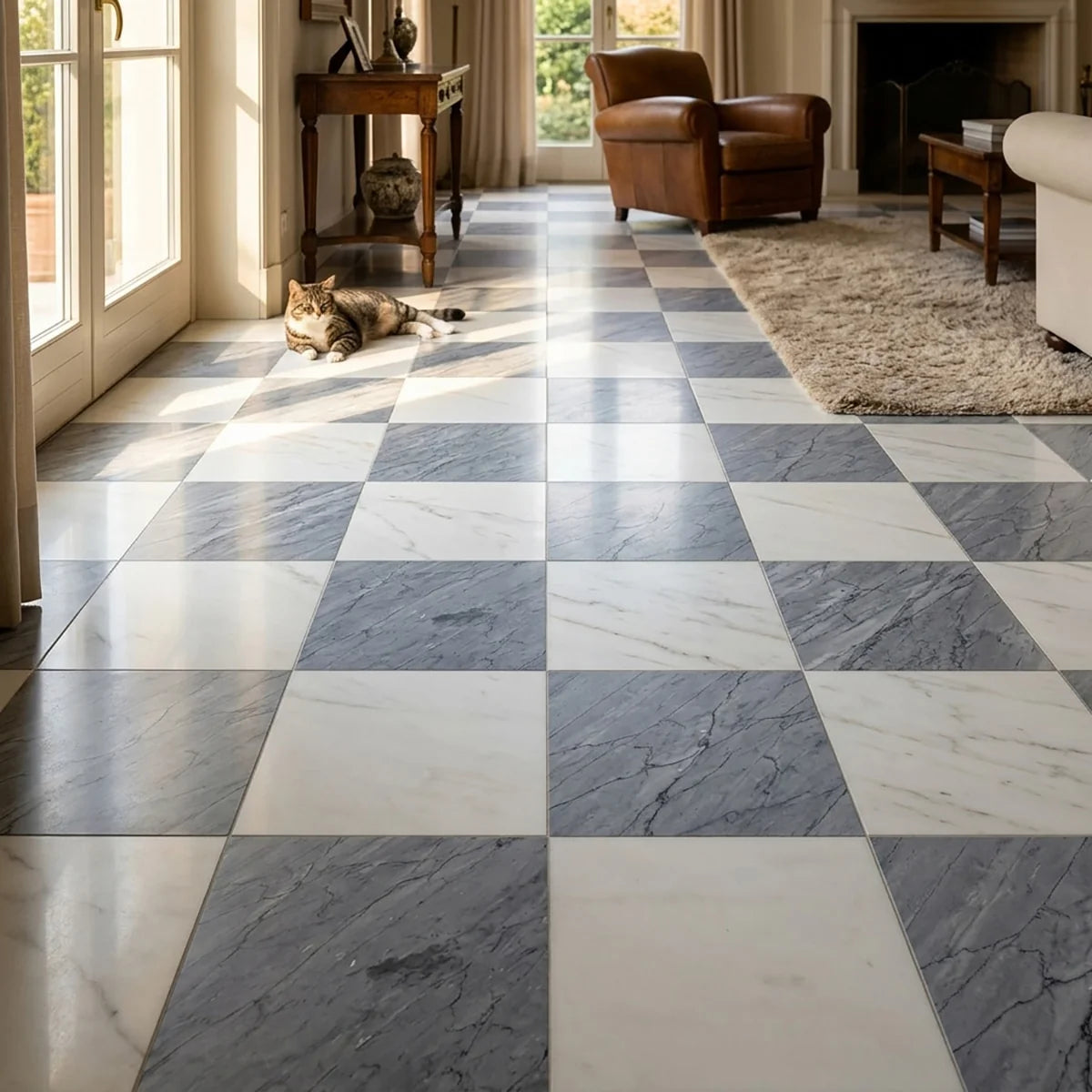 Checkerboard Patterns Multicolor checkerboard tile, product image. Premium dolomite for floors and walls.