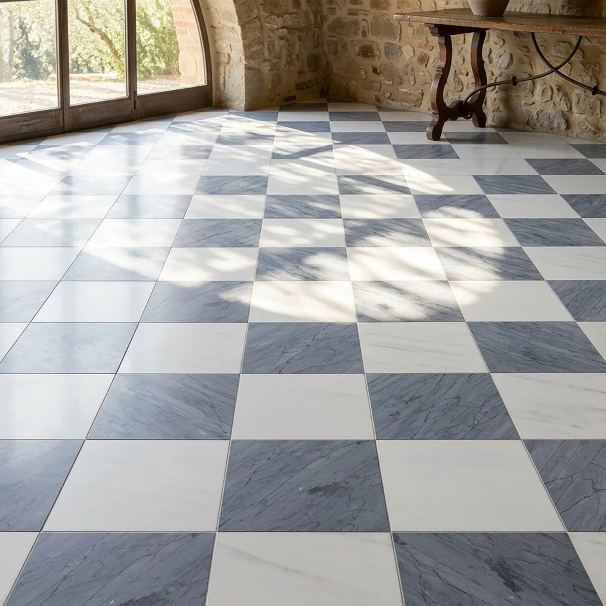Checkerboard Patterns Multicolor checkerboard tile, product image. Premium dolomite for floors and walls.