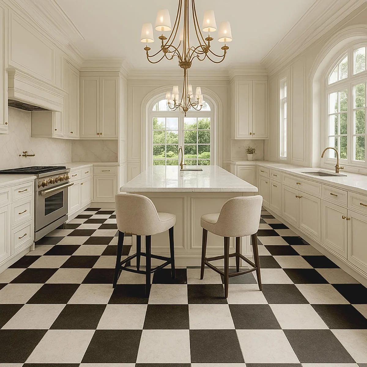 Checkerboard Patterns Multicolor checkerboard tile, lifestyle installation view. Premium marble for floors and walls.