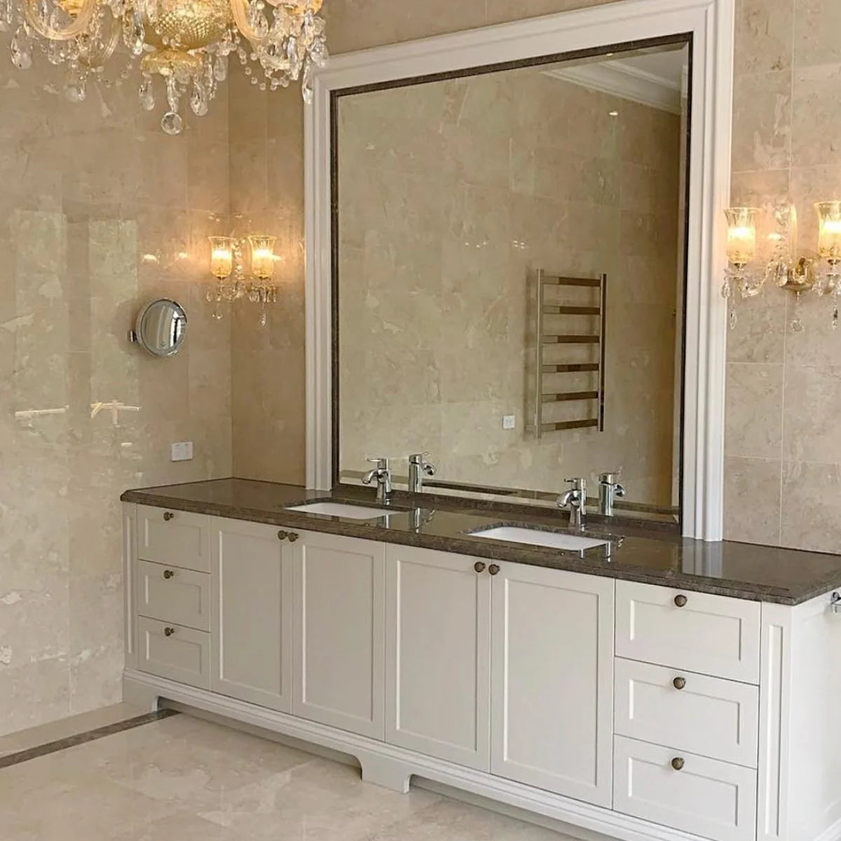Essentials Natural Stone Beige field tile, lifestyle installation view 2. Premium marble for floors and walls.