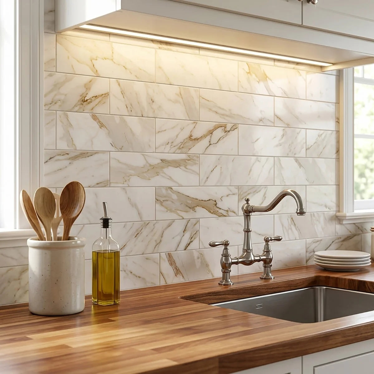 Calacatta Gold Honed Marble White field tile, product image. Premium marble for floors and walls.