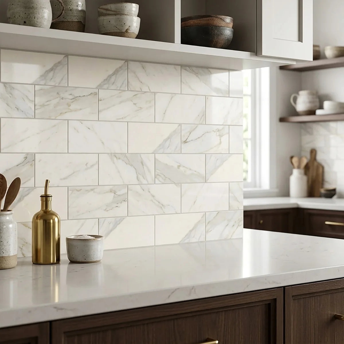 Calacatta Gold Honed Marble White field tile, product image. Premium marble for floors and walls.