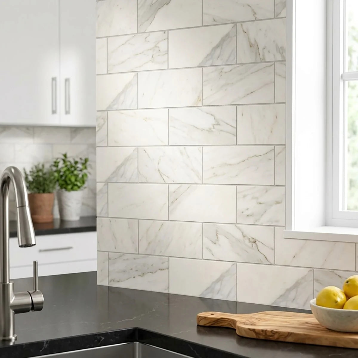 Calacatta Gold Honed Marble White field tile, product image. Premium marble for floors and walls.