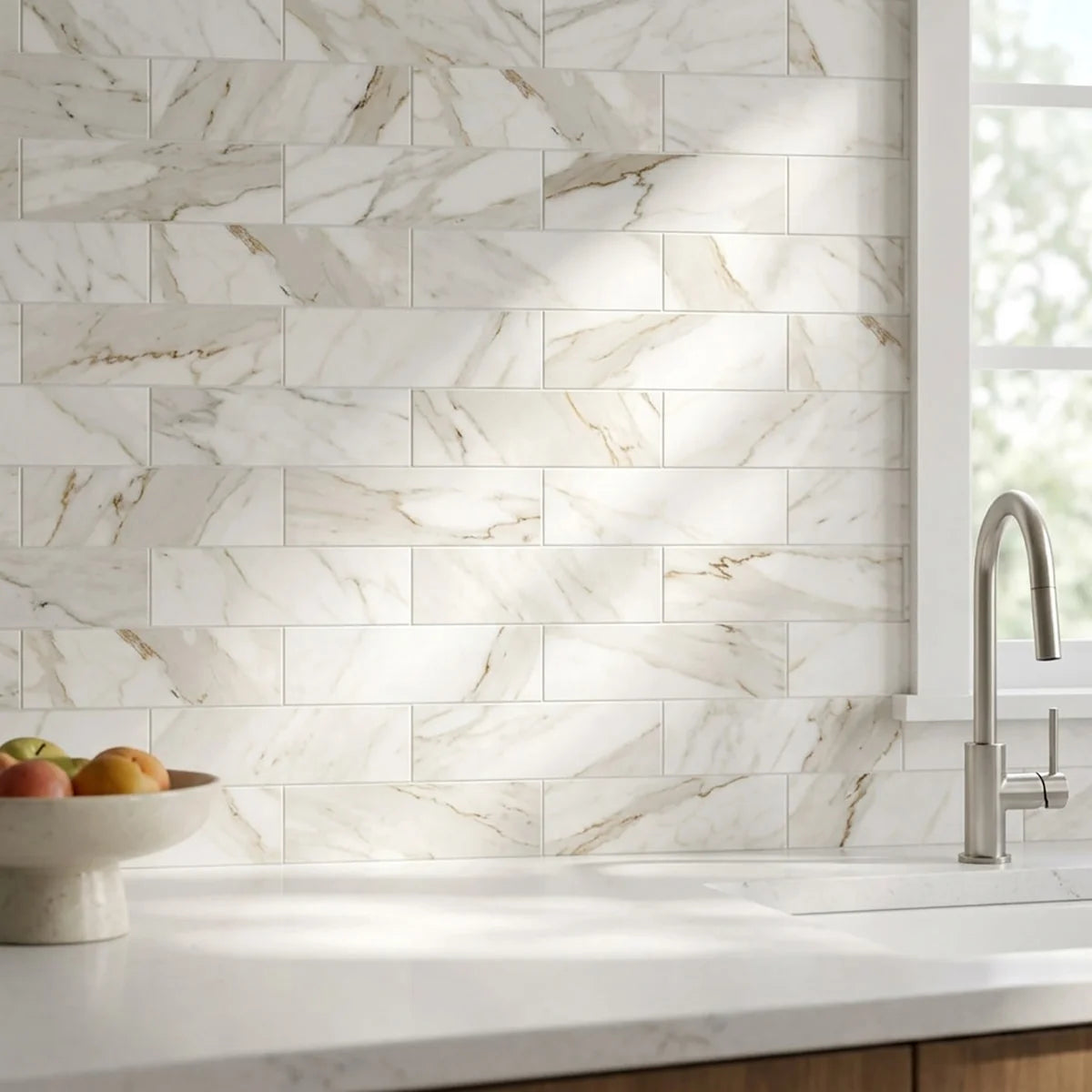 Calacatta Gold Honed Marble White field tile, product image. Premium marble for floors and walls.