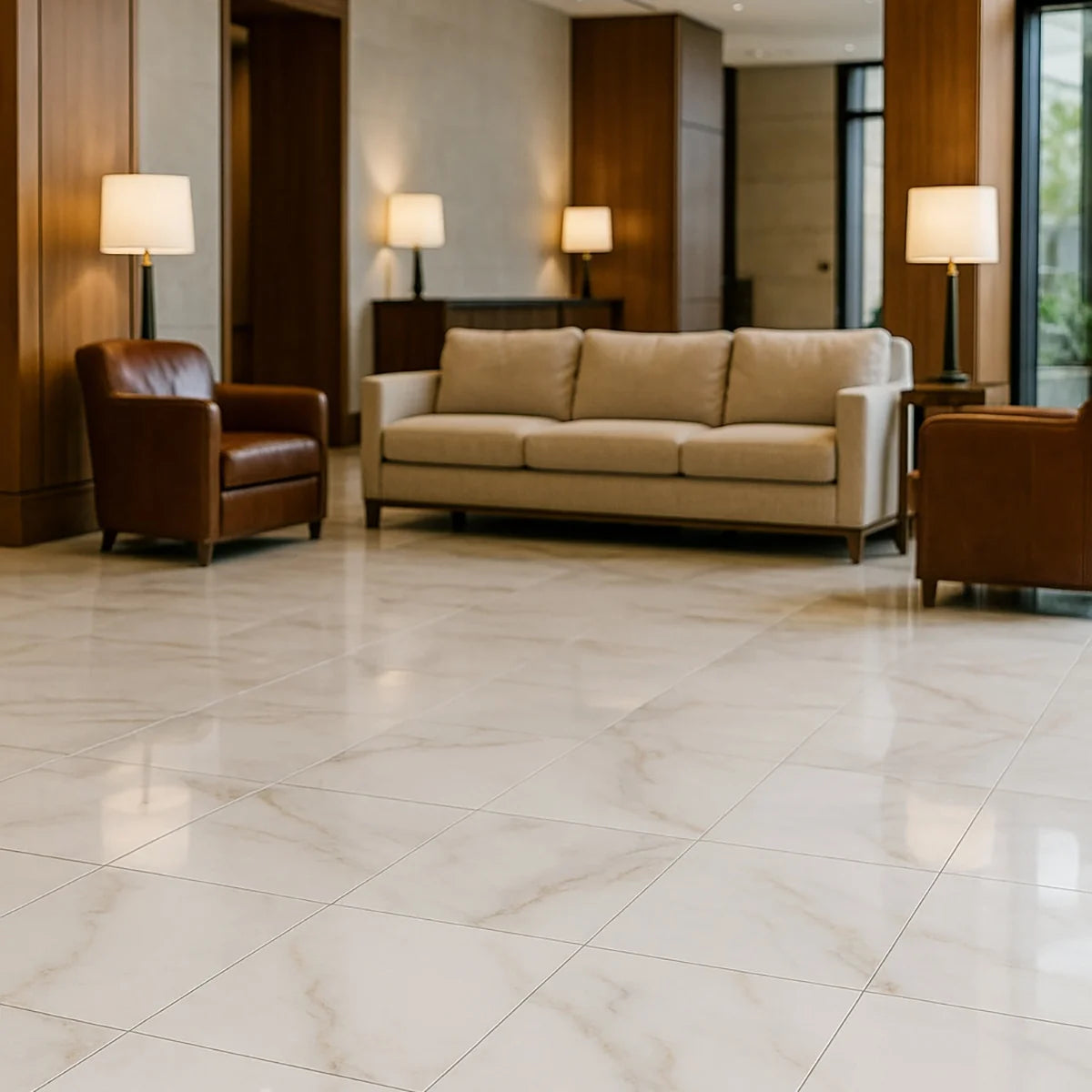 Calacatta Gold Polished Marble White field tile, lifestyle installation view. Premium marble for floors and walls.