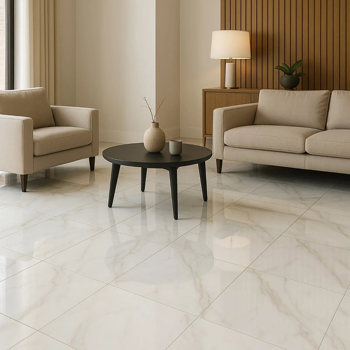 Calacatta Gold Polished Marble White field tile, lifestyle installation view. Premium marble for floors and walls.