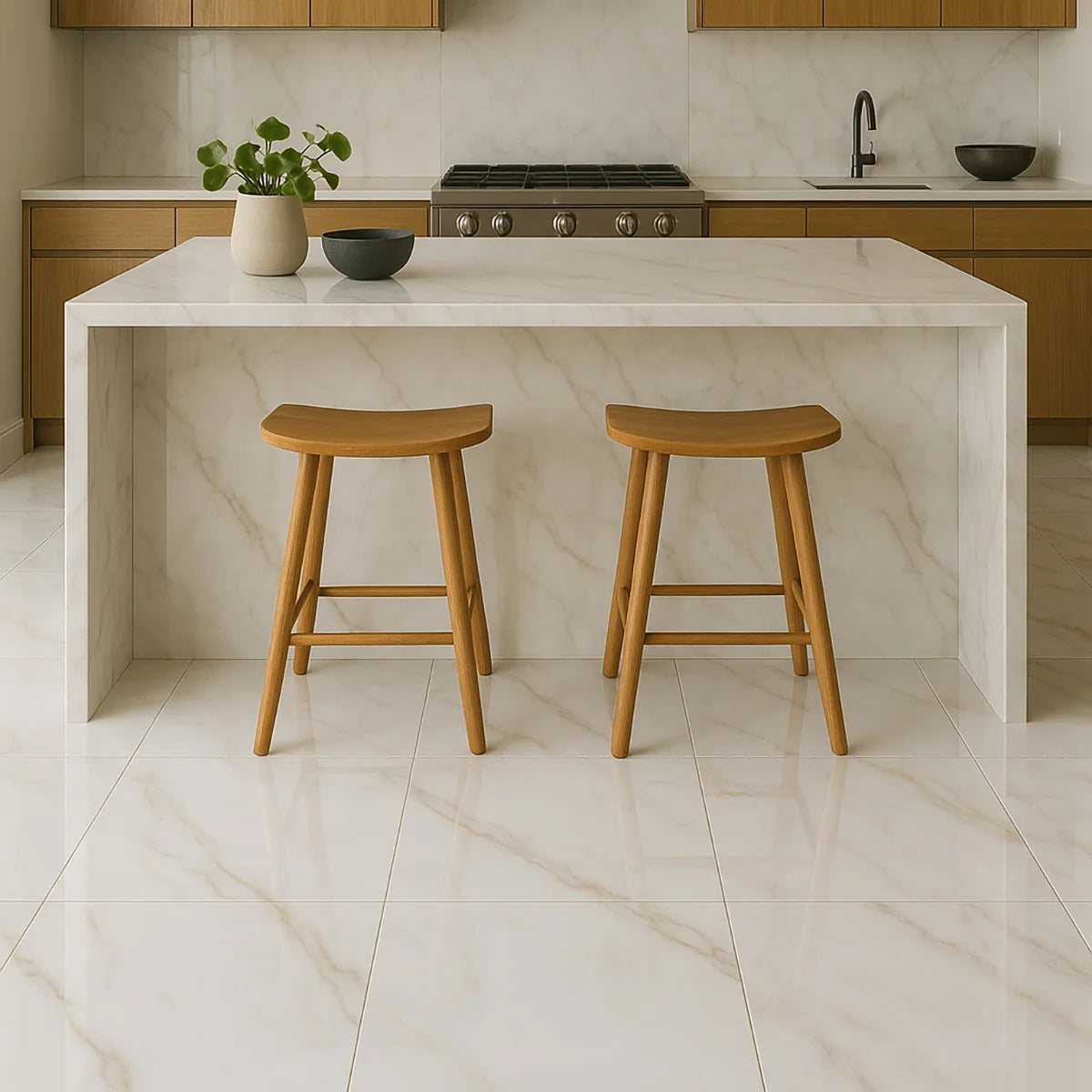 Calacatta Gold Polished Marble White field tile, lifestyle installation view. Premium marble for floors and walls.