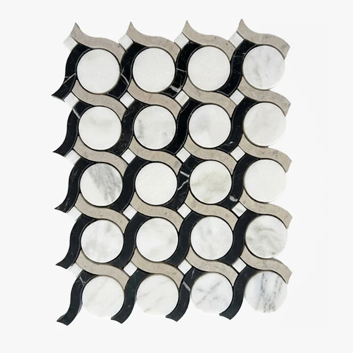 Calacatta Oliva Honed Marble White mosaic, top-down product view. Premium marble for floors and walls.
