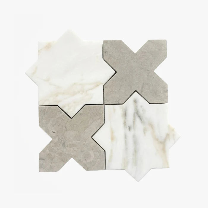 Calacatta Oliva Honed Marble White mosaic, top-down product view. Premium marble for floors and walls.