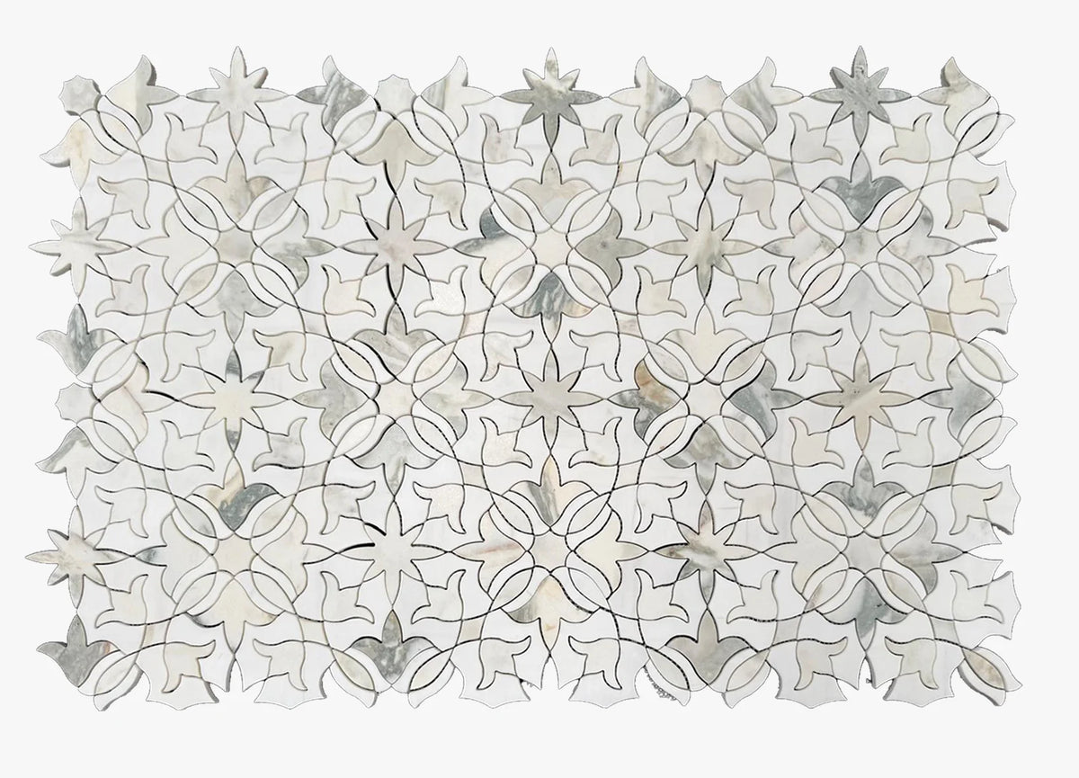 Calacatta Oliva Honed Marble White mosaic, product image. Premium marble for floors and walls.