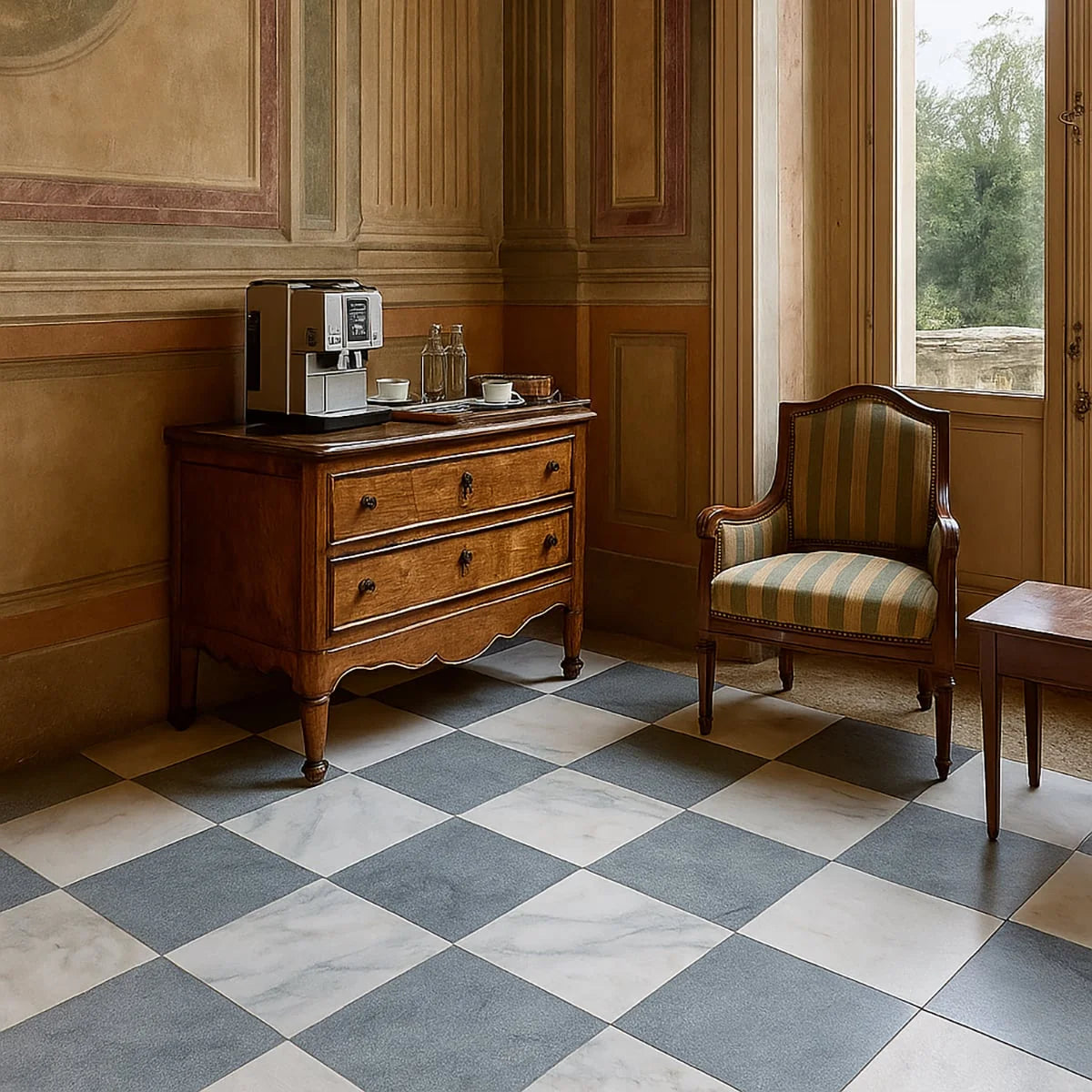 Checkerboard Patterns Multicolor checkerboard tile, lifestyle installation view. Premium marble for floors and walls.
