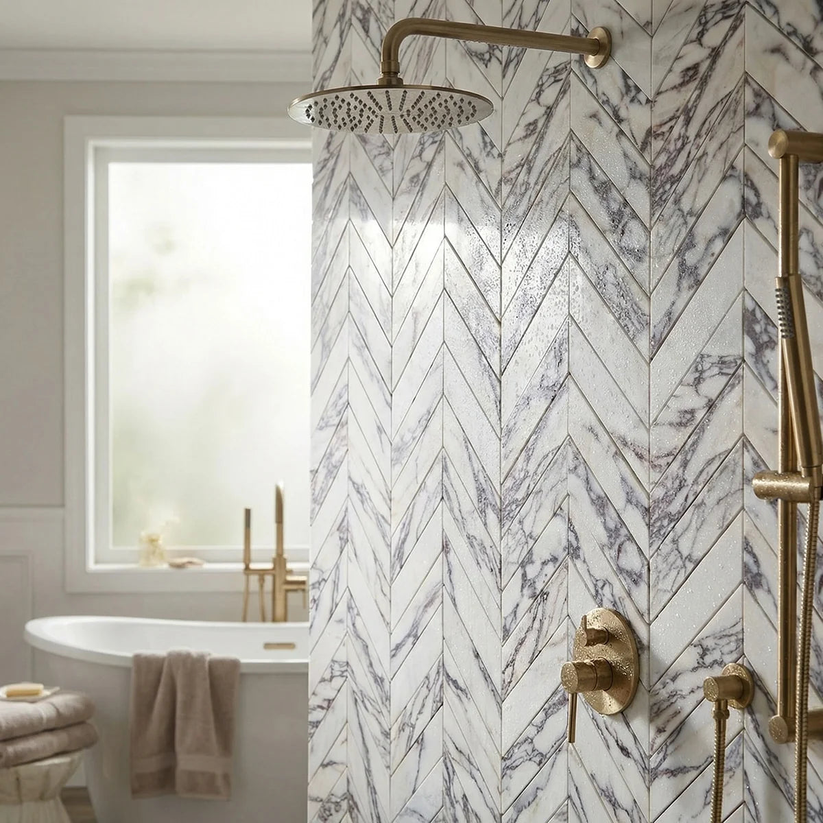 Calacatta Viola Polished Marble White mosaic, product image. Premium marble for floors and walls.