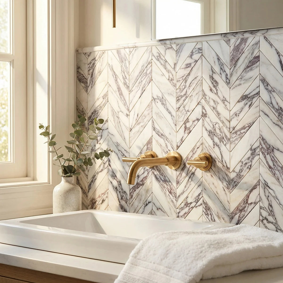 Calacatta Viola Polished Marble White mosaic, product image. Premium marble for floors and walls.