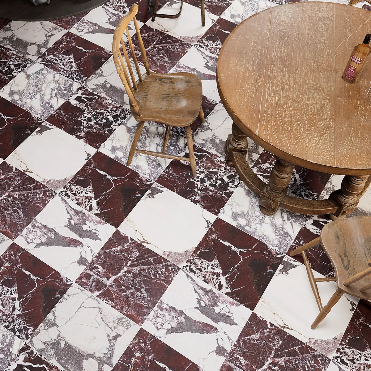Checkerboard Patterns Multicolor checkerboard tile, lifestyle installation view. Premium marble for floors and walls.