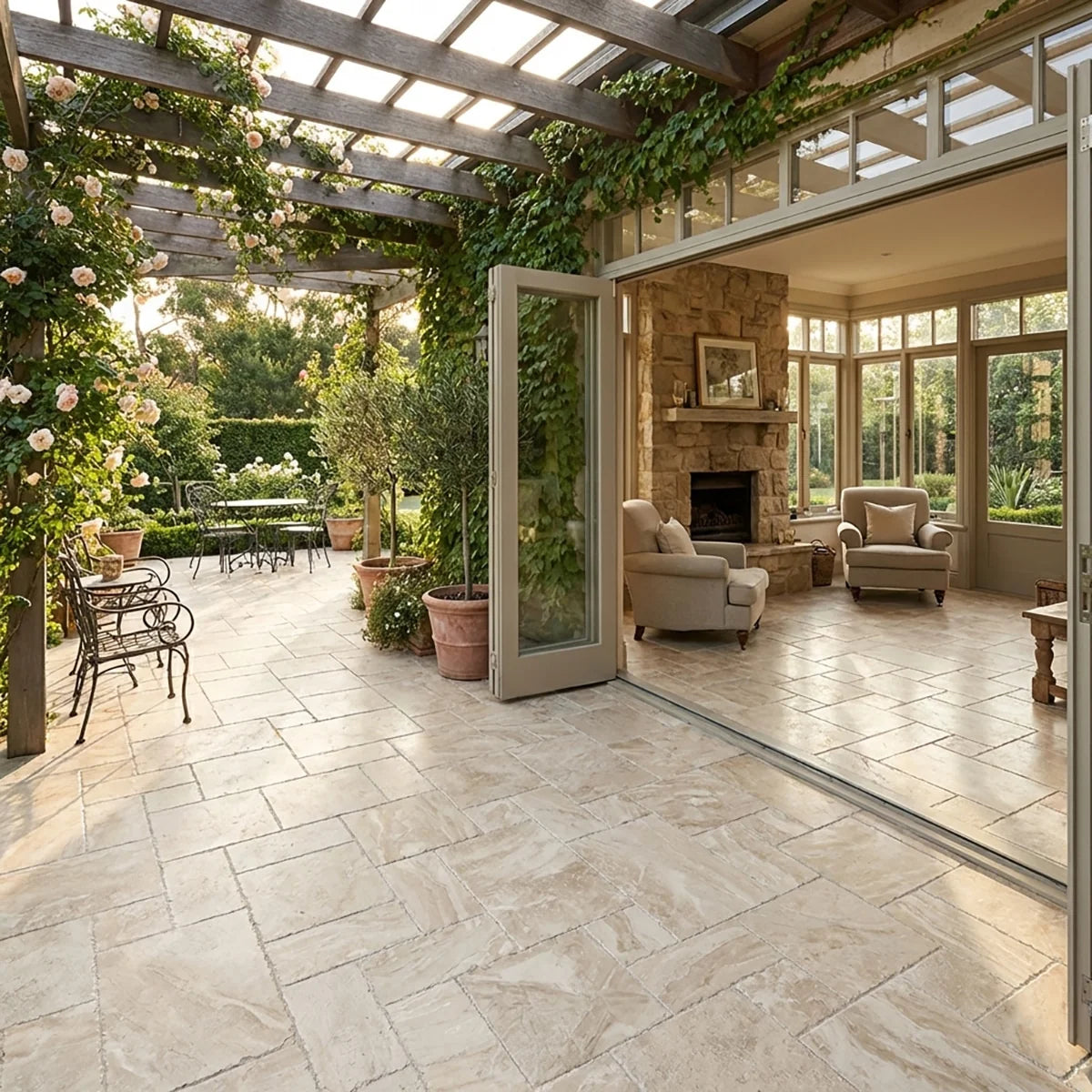 Essentials Natural Stone Beige pattern, lifestyle installation view. Premium marble for floors and walls.