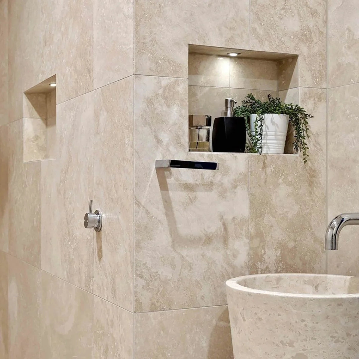 Ivory Light Travertine Beige field tile, lifestyle installation view. Premium travertine for floors and walls.