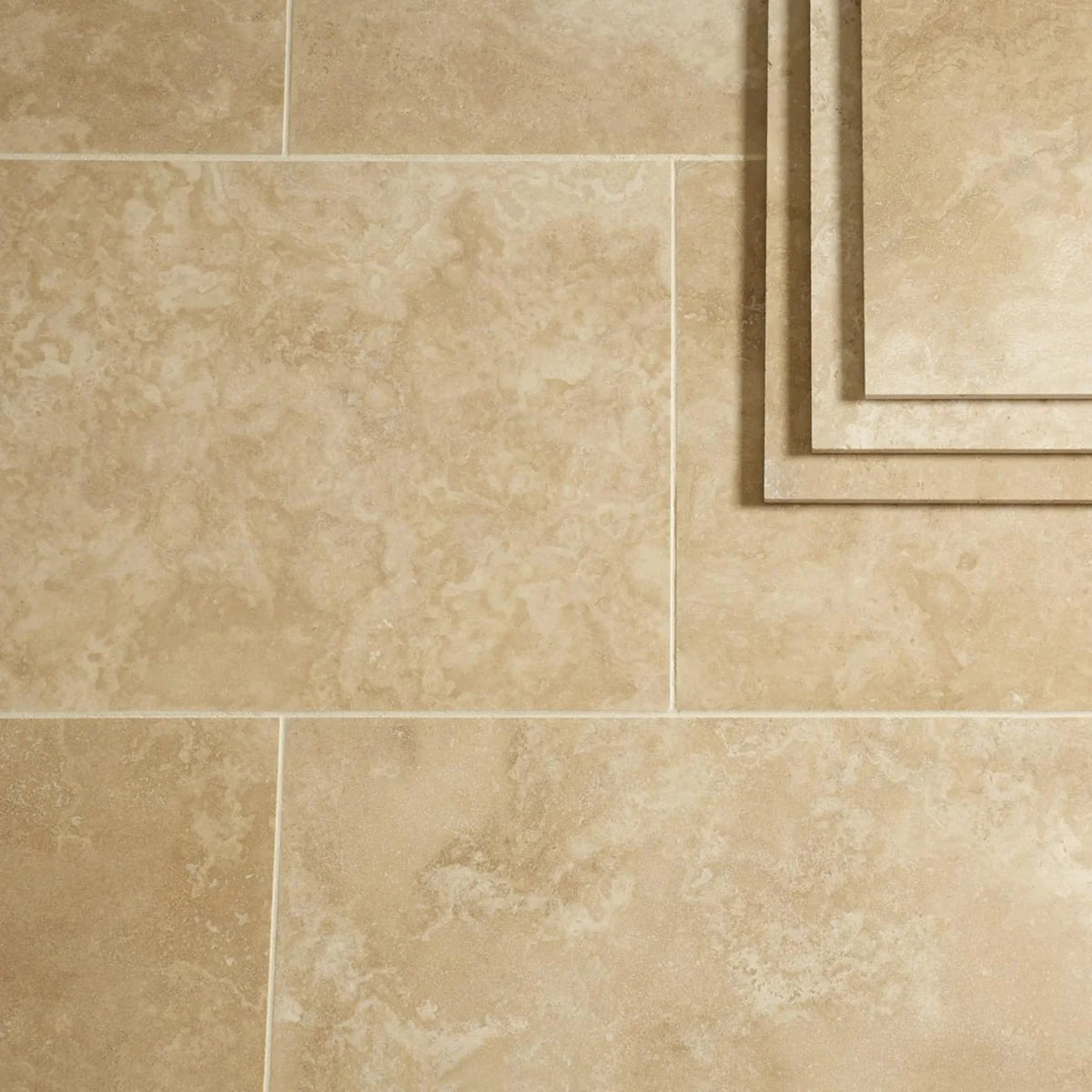 Ivory Light Travertine Beige field tile, lifestyle installation view. Premium travertine for floors and walls.