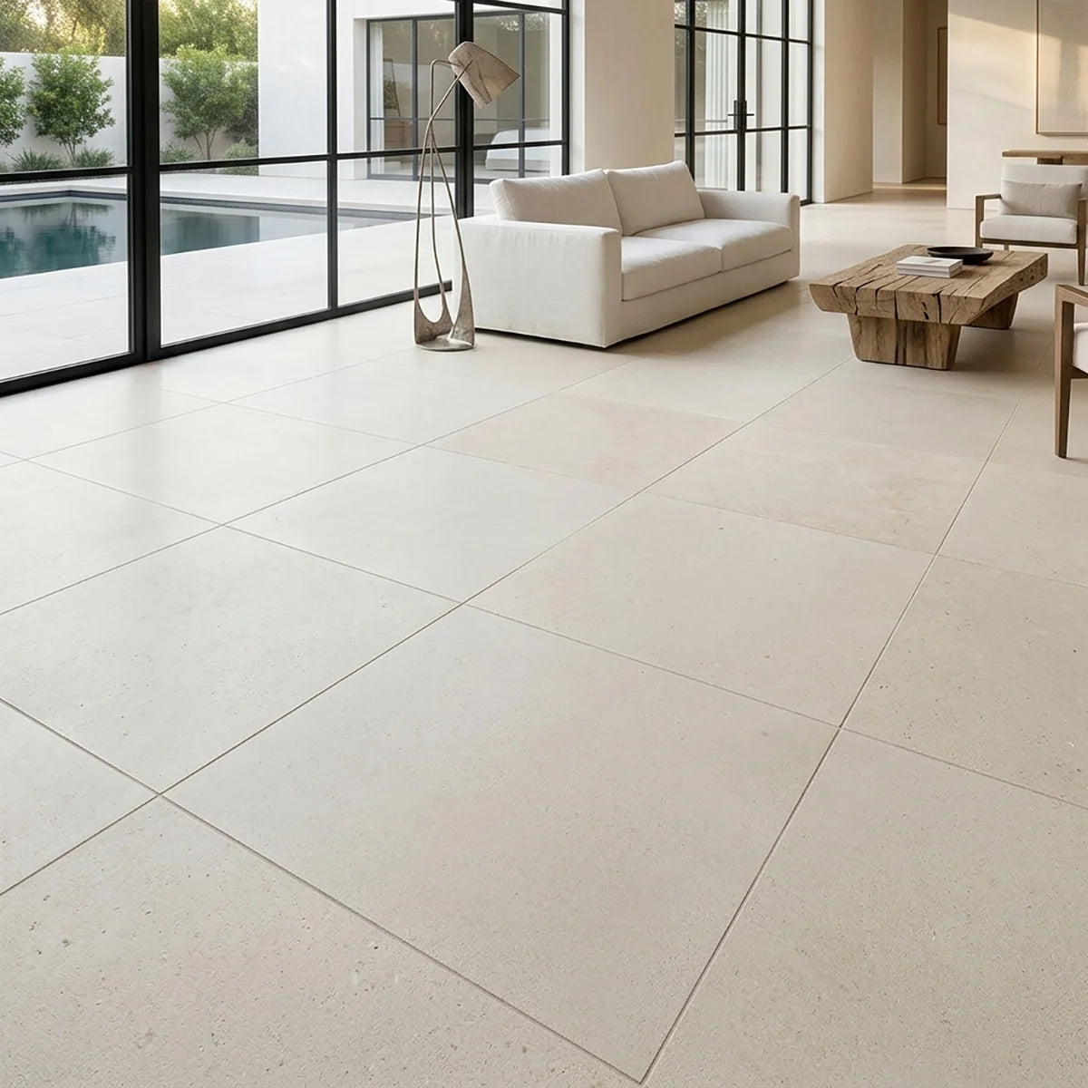 Lymra Limestone Cream field tile, lifestyle installation view 1. Premium limestone for floors and walls.