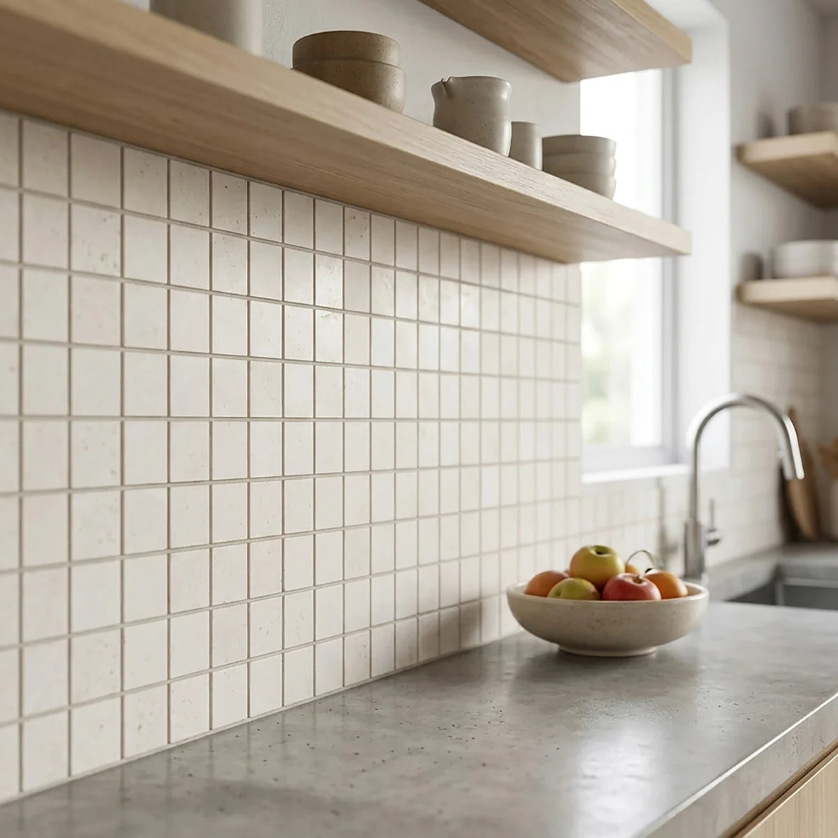 Lymra Limestone Cream mosaic, product image. Premium limestone for floors and walls.