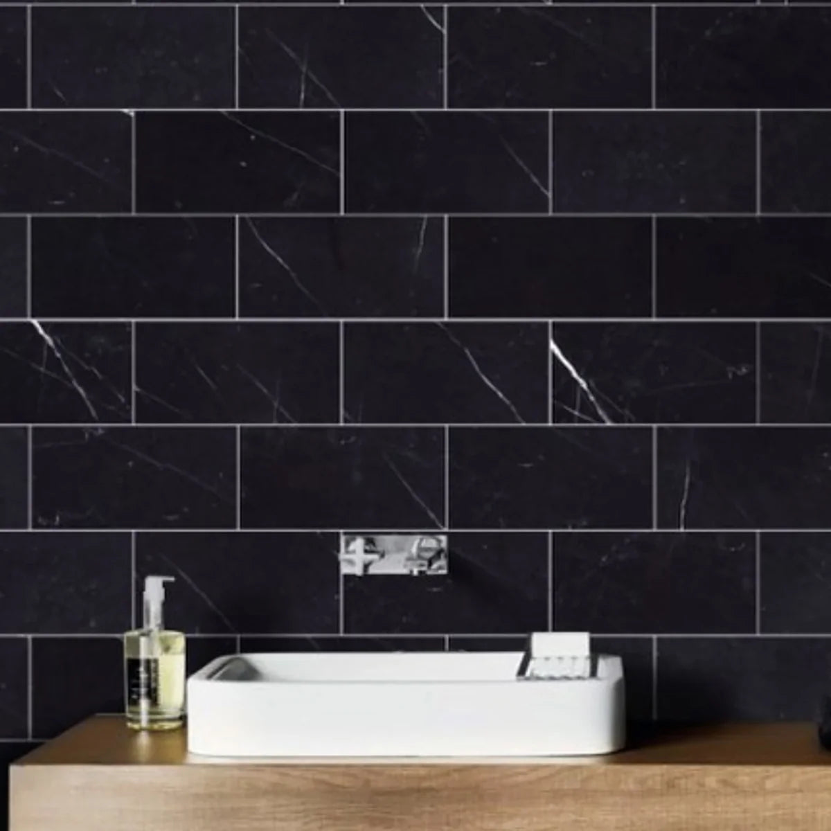 Nero Marquina Polished Marble Black field tile, lifestyle installation view. Premium marble for floors and walls.