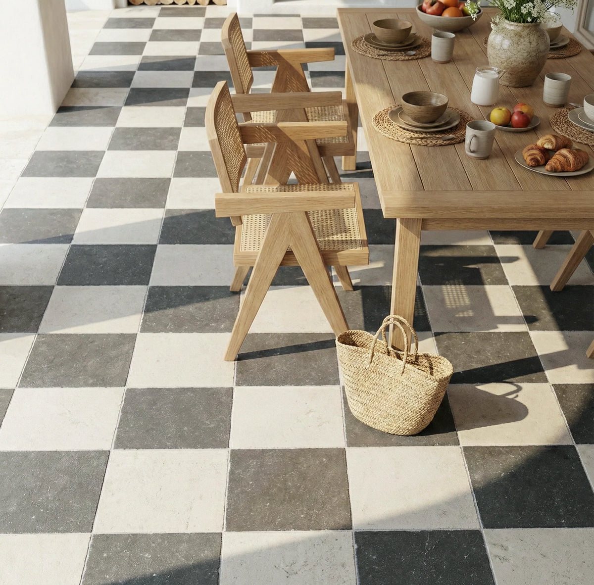 Checkerboard Patterns Multicolor checkerboard tile, product image. Premium limestone for floors and walls.
