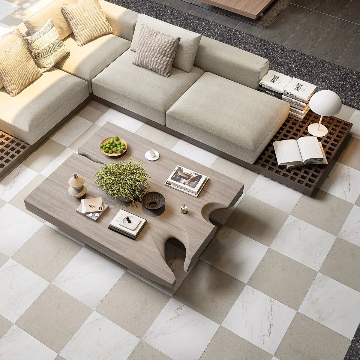 Checkerboard Patterns Multicolor checkerboard tile, lifestyle installation view. Premium limestone for floors and walls.