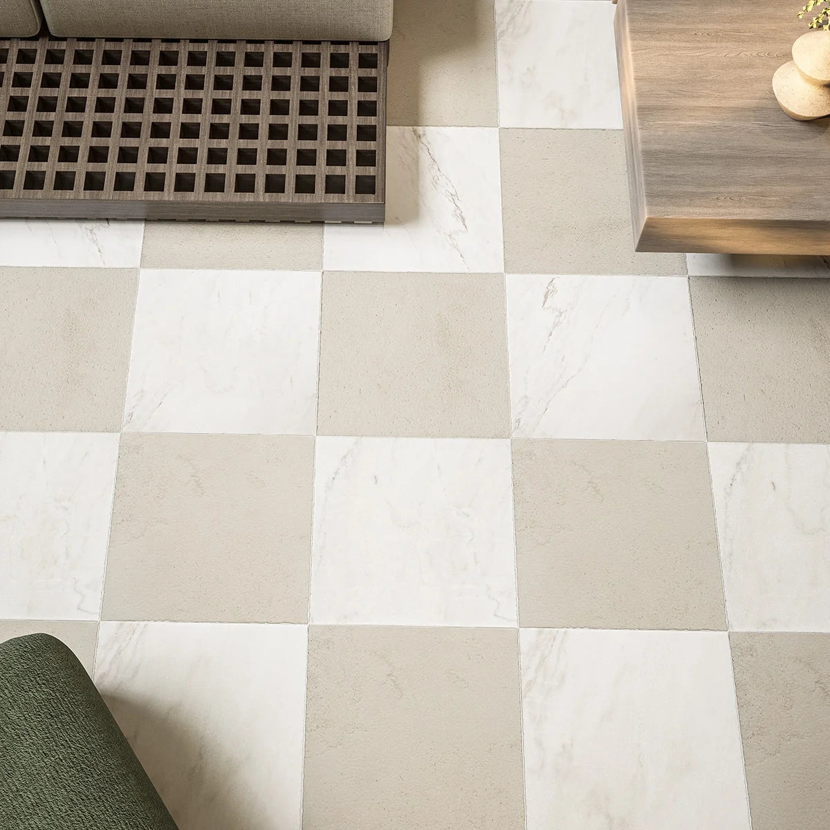 Checkerboard Patterns Multicolor checkerboard tile, lifestyle installation view. Premium limestone for floors and walls.