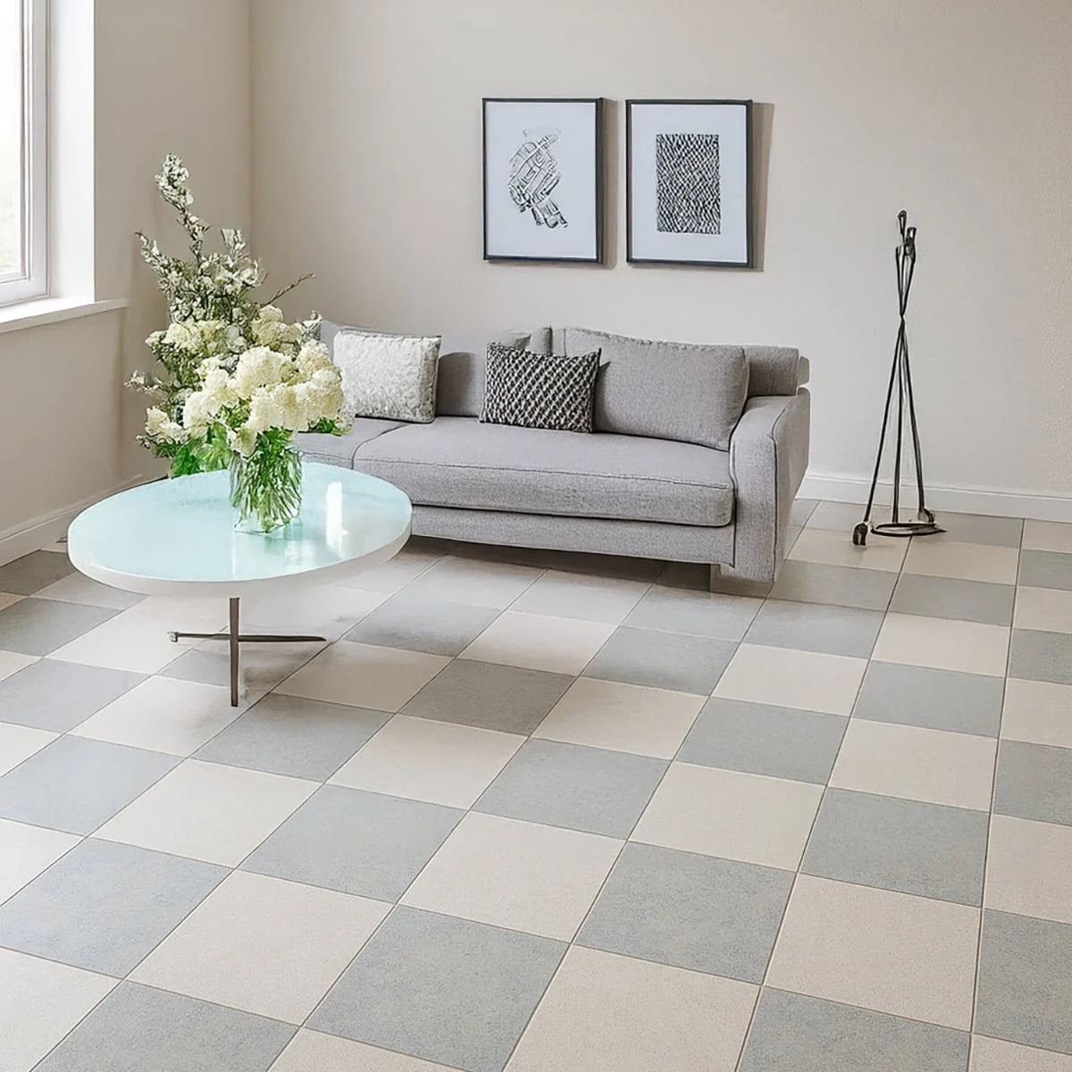 Checkerboard Patterns Multicolor checkerboard tile, lifestyle installation view. Premium limestone for floors and walls.