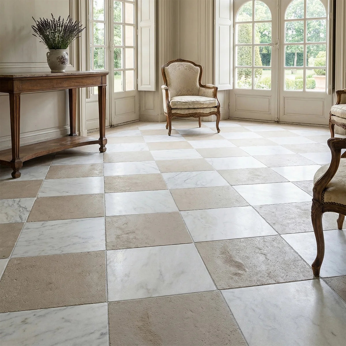 Checkerboard Patterns Multicolor checkerboard tile, product image. Premium limestone for floors and walls.