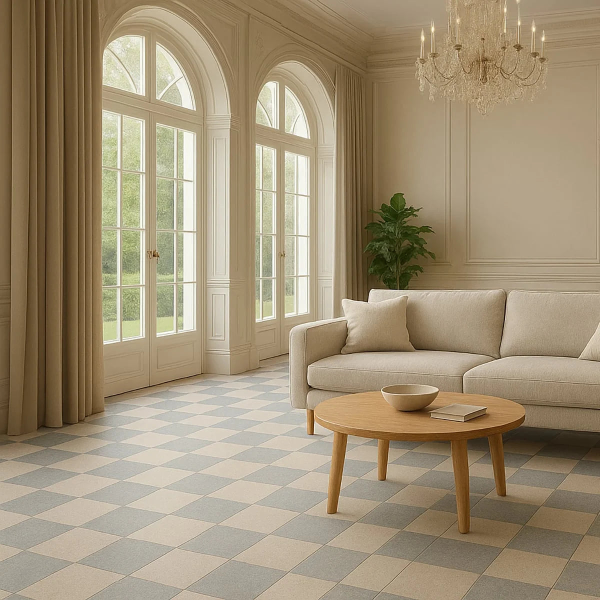 Checkerboard Patterns Multicolor checkerboard tile, lifestyle installation view. Premium limestone for floors and walls.