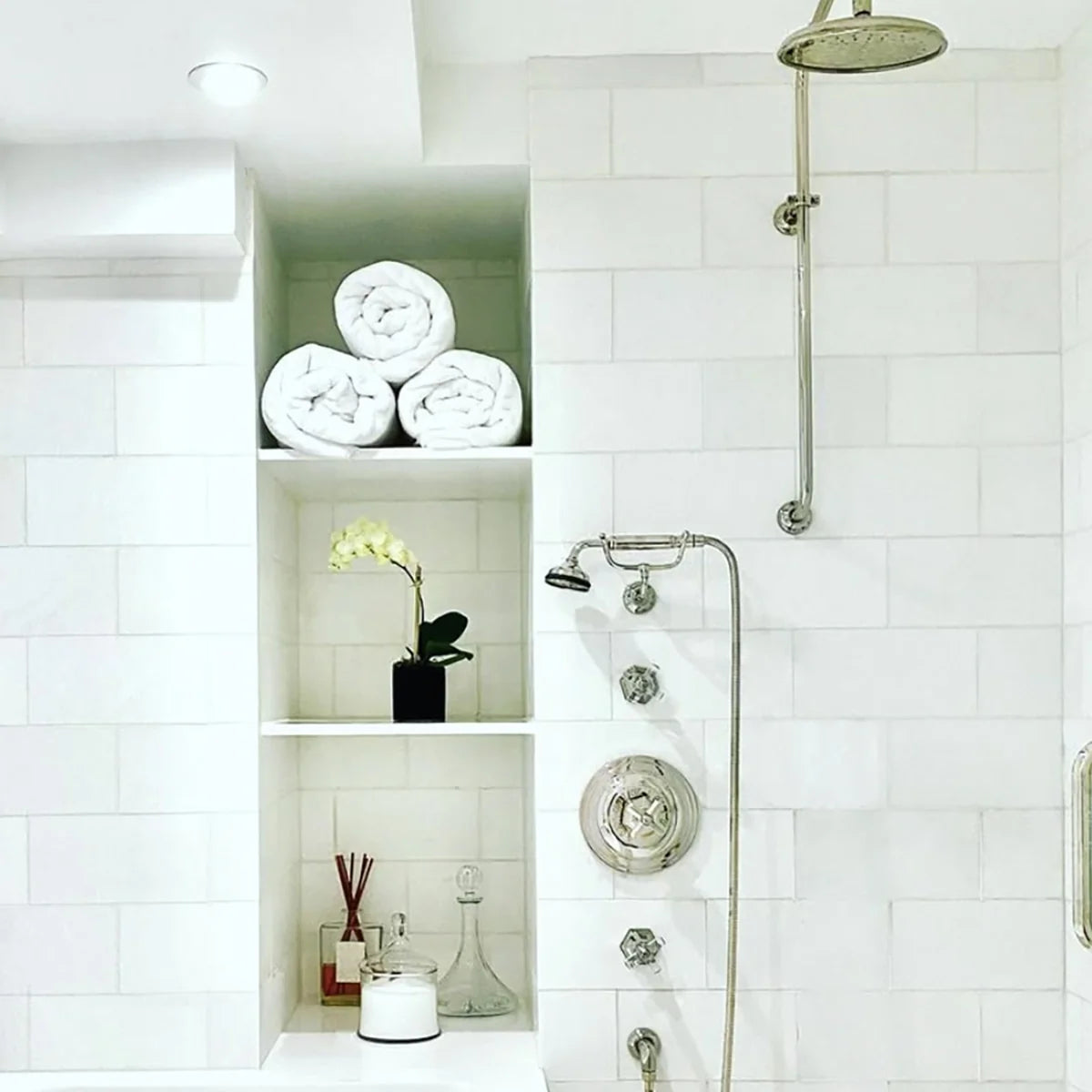 Thassos White Honed Marble White field tile, lifestyle installation view. Premium marble for floors and walls.