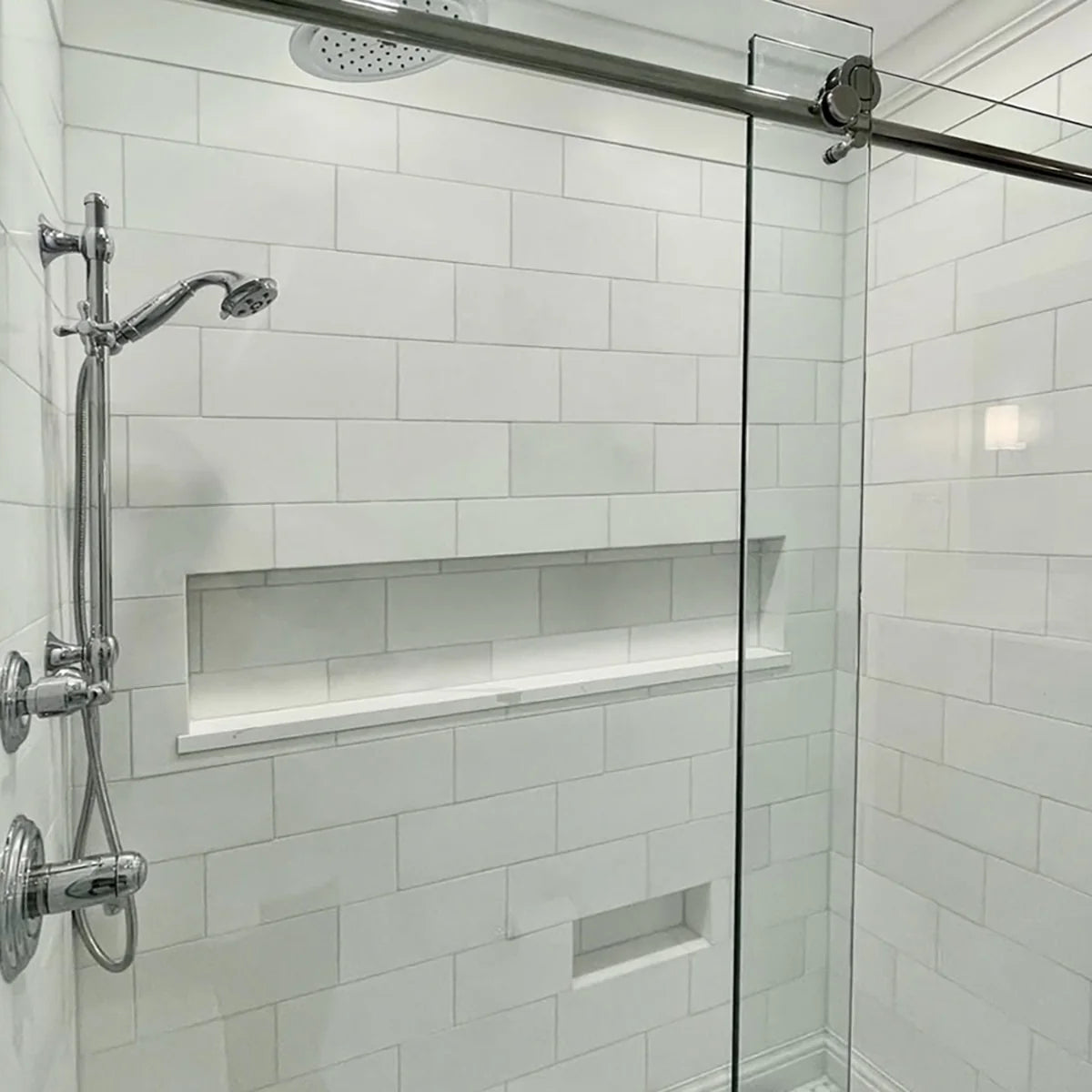 Thassos White Honed Marble White field tile, lifestyle installation view. Premium marble for floors and walls.