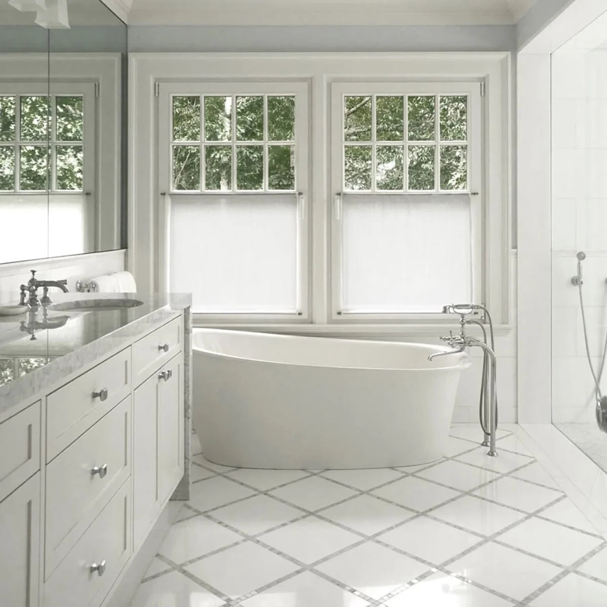 Essentials Natural Stone White field tile, lifestyle installation view 2. Premium marble for floors and walls.