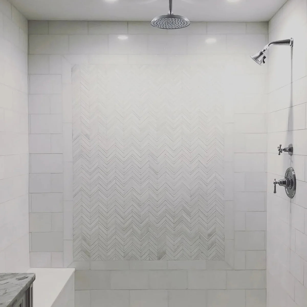Thassos White Polished Marble White mosaic, lifestyle installation view. Premium marble for floors and walls.
